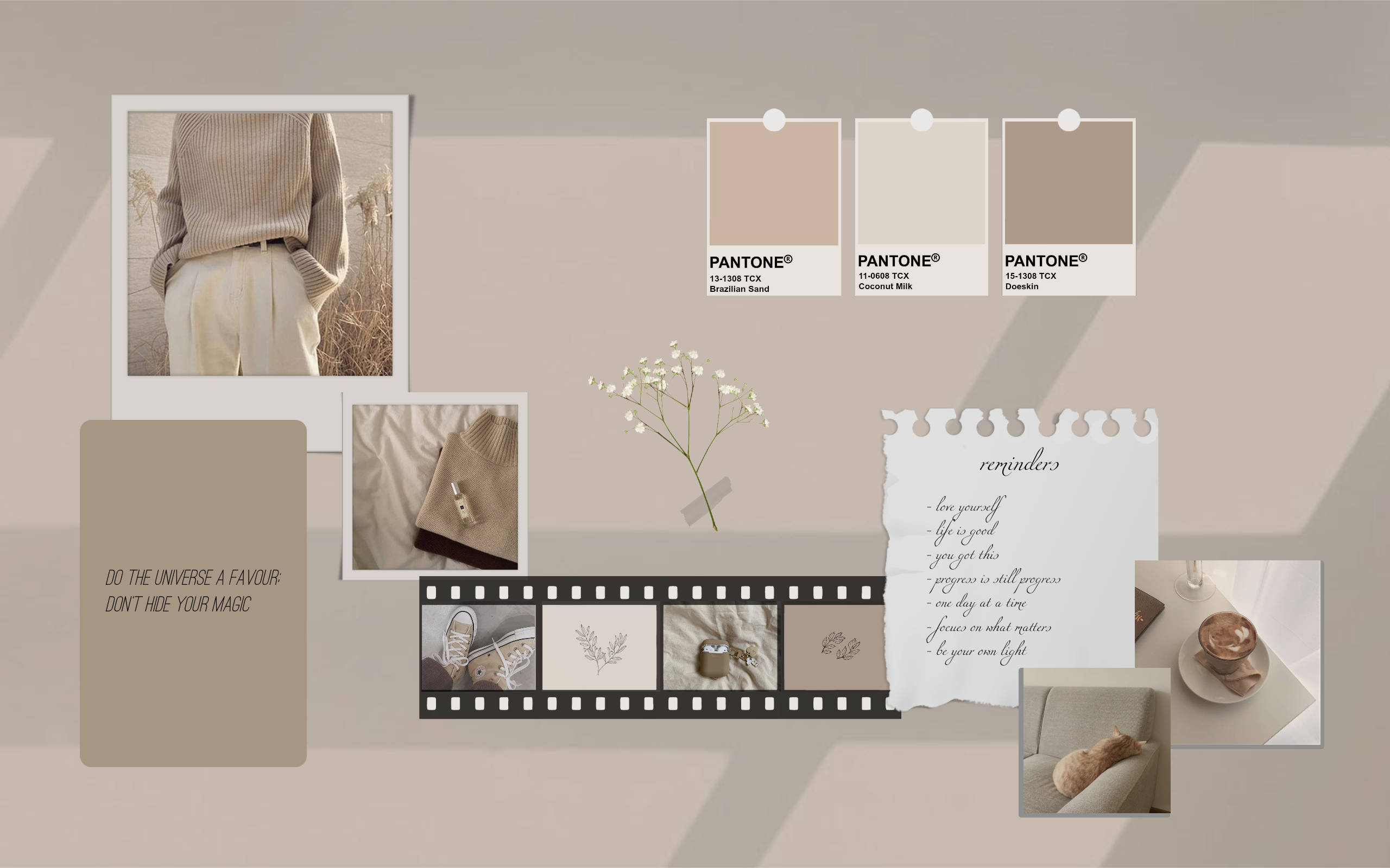 Beige Minimalist 桌布 壁紙 — 一個米色調的極簡拼貼畫，包含溫馨時刻的照片和 Pantone 色卡，用大頭針固定在牆上。