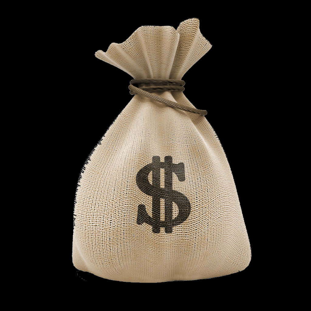 Money Bag 桌布 壁紙 — 一個米色麻布錢袋，用麻繩紮緊，上面印有粗體美元符號，背景為純黑色。