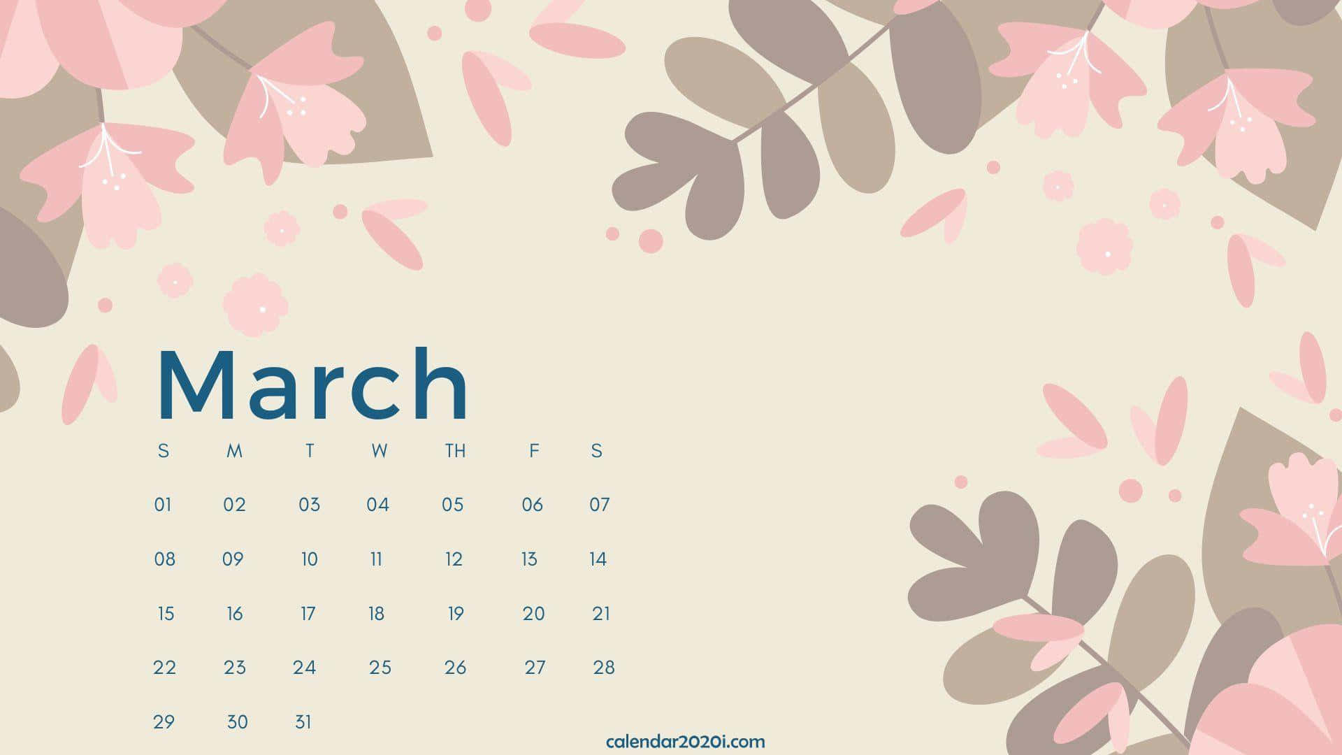Cute March 桌布 壁紙 — 一個粉彩三月日曆，以柔和的粉紅色花朵和棕色葉子框在奶油色背景上。