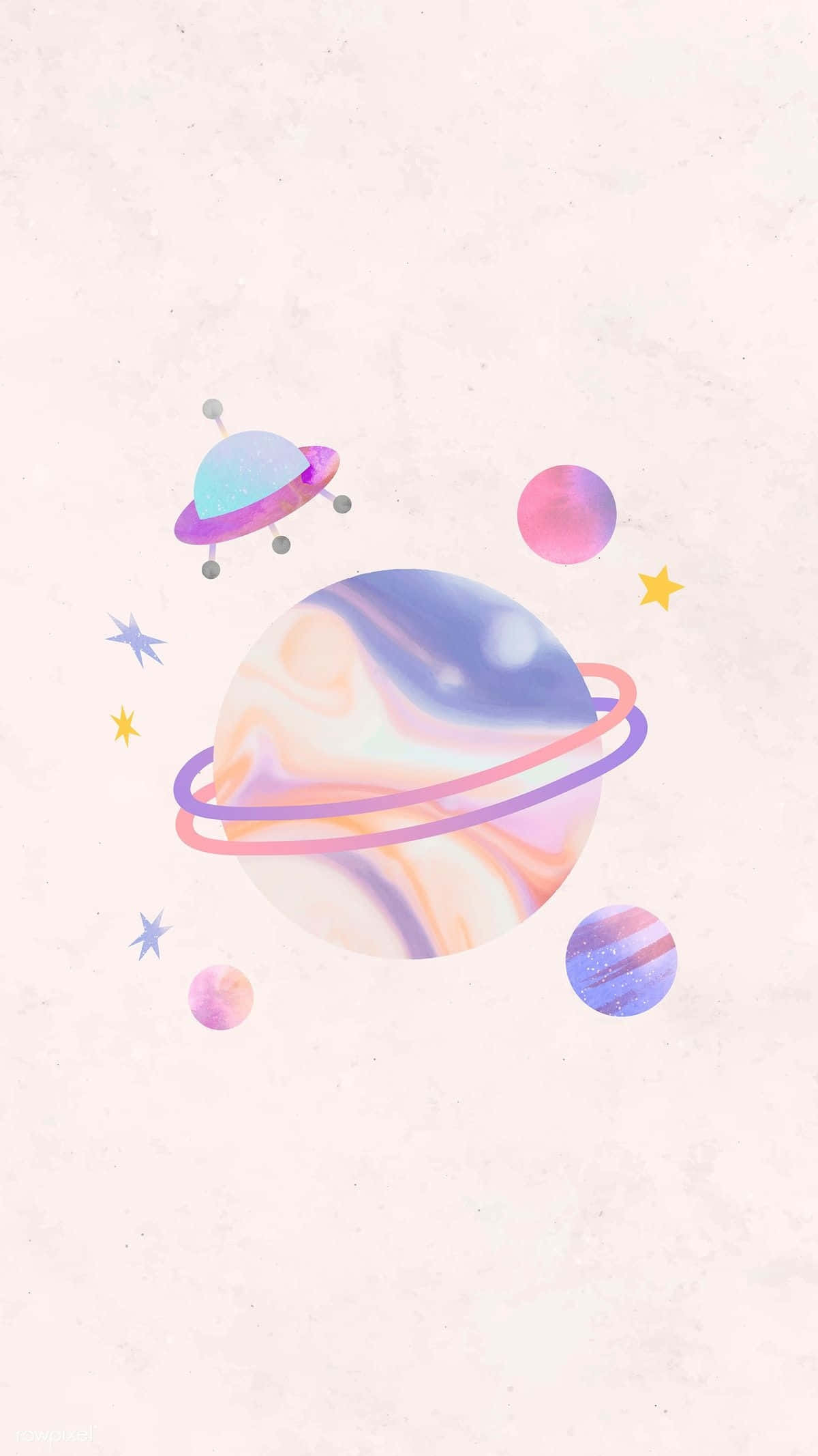 粉彩手機動圖 桌布 壁紙 — 一個粉彩宇宙場景，有旋轉的行星、環、星星和一個UFO漂浮在帶有紋理的淺粉紅色背景上。