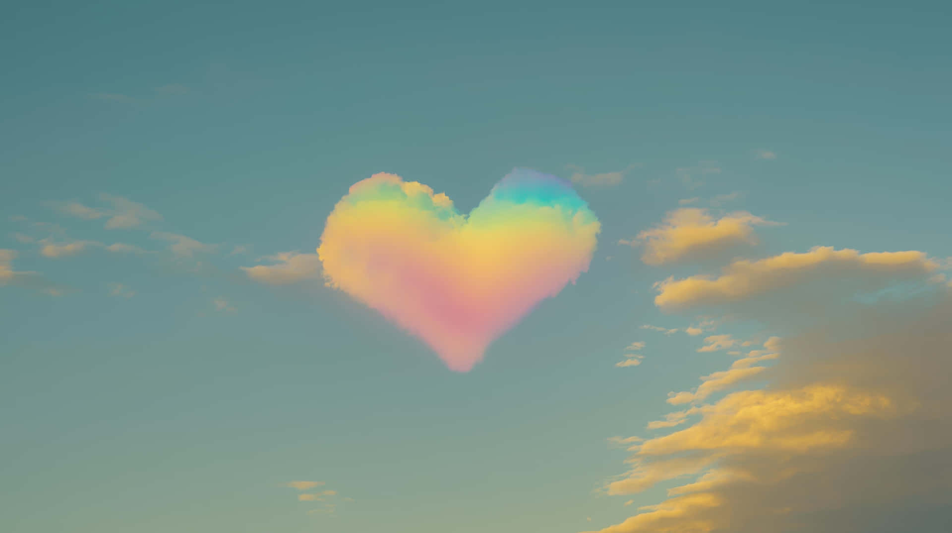 Rainbow Heart-Shaped Cloud Floating in a Blue Sky 壁紙 — 一個粉彩彩虹心形雲朵在柔和青綠色天空上與金色雲朵一起寧靜漂浮。