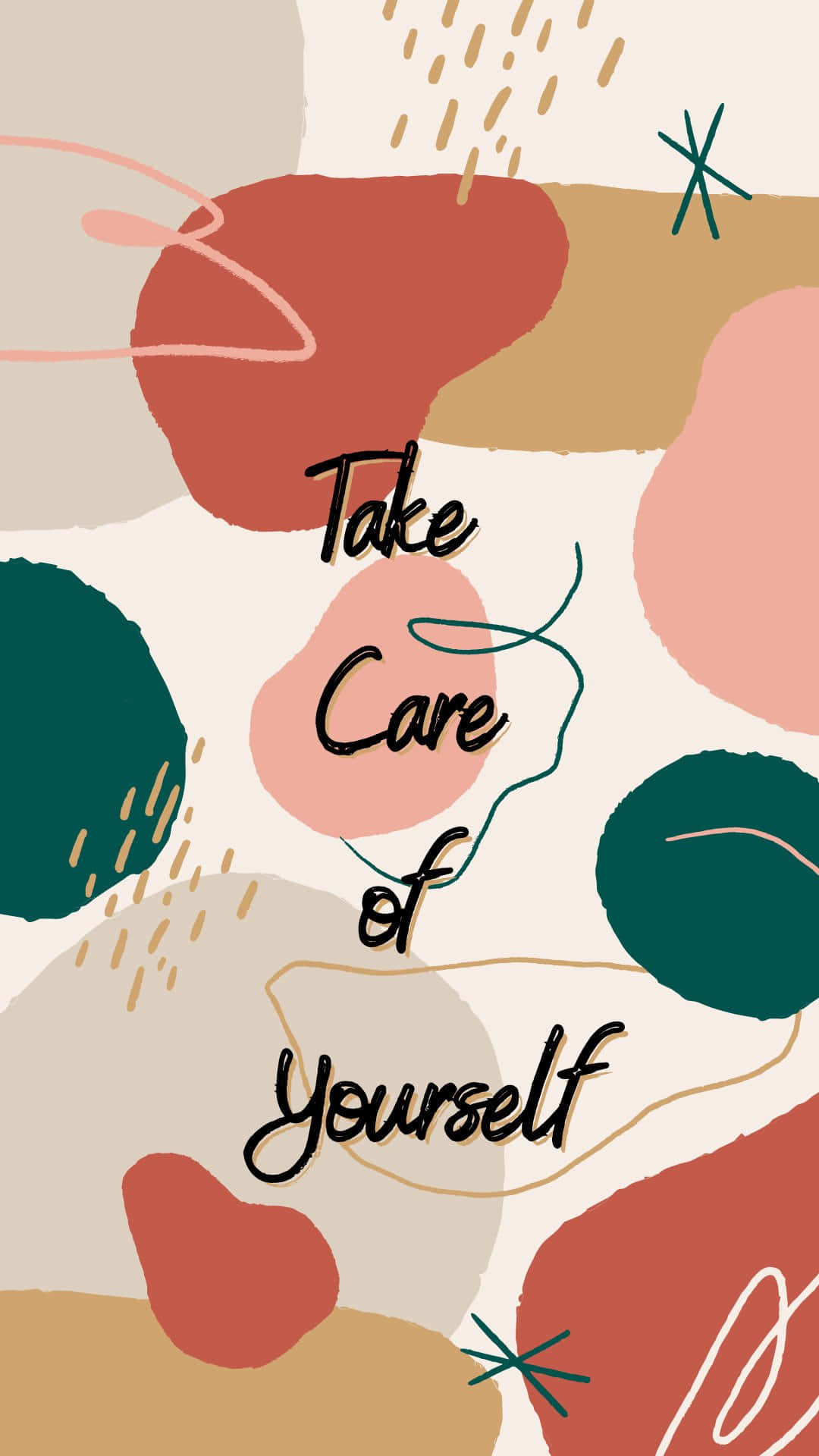Self Care 桌布 壁紙 — 一個粉彩抽象背景，帶有有機形狀和優雅字體的短語「Take Care of Yourself」。