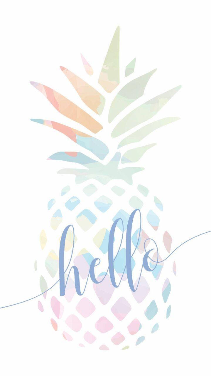 Hello 桌布 壁紙 — 一個粉彩水彩鳳梨，上面有草書的hello字樣橫跨其身體，背景為白色。