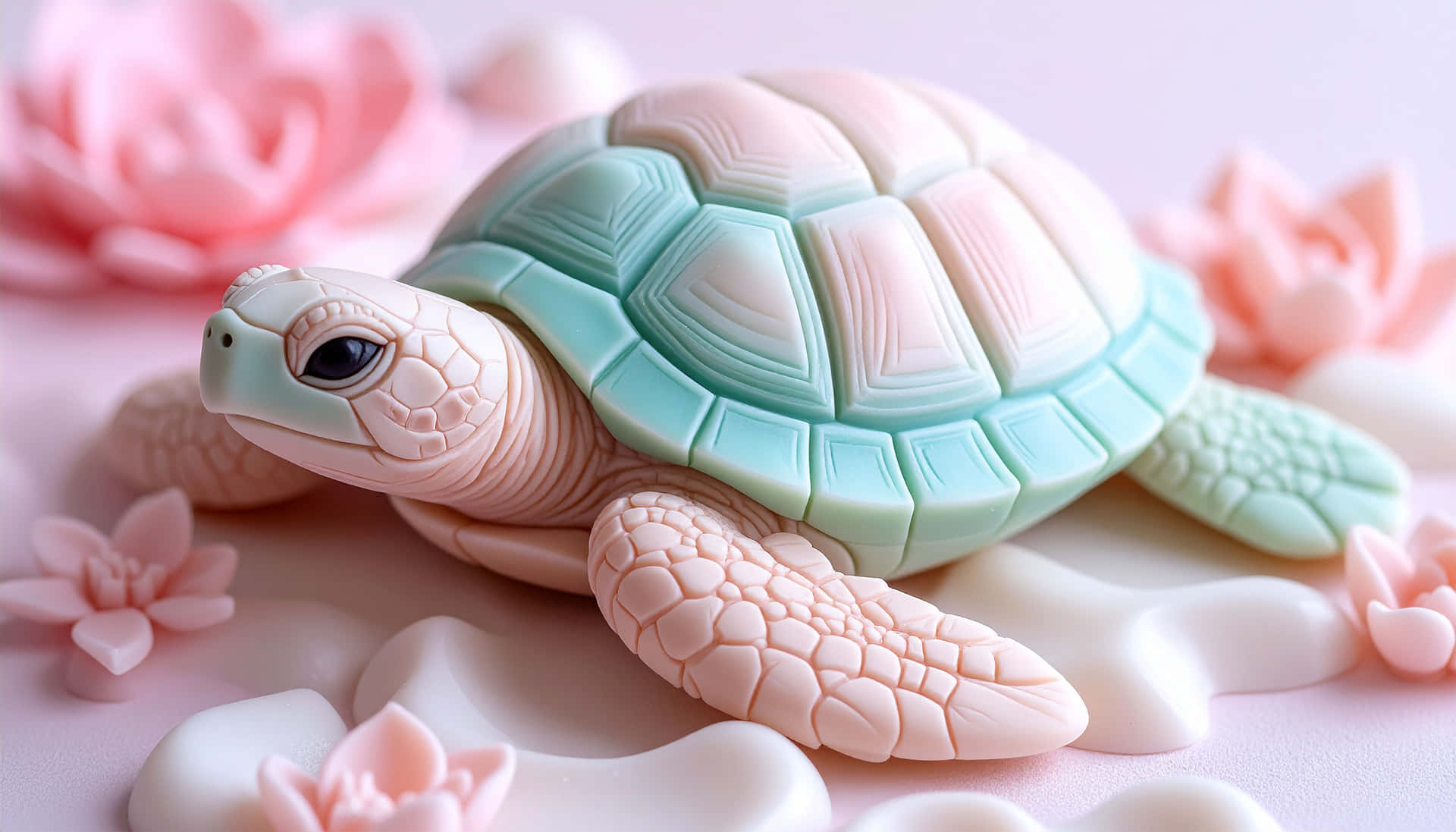 Turtle 壁紙 — 一個粉彩粉紅和薄荷綠的烏龜雕像放在光滑表面上，周圍是柔和的粉紅花朵。
