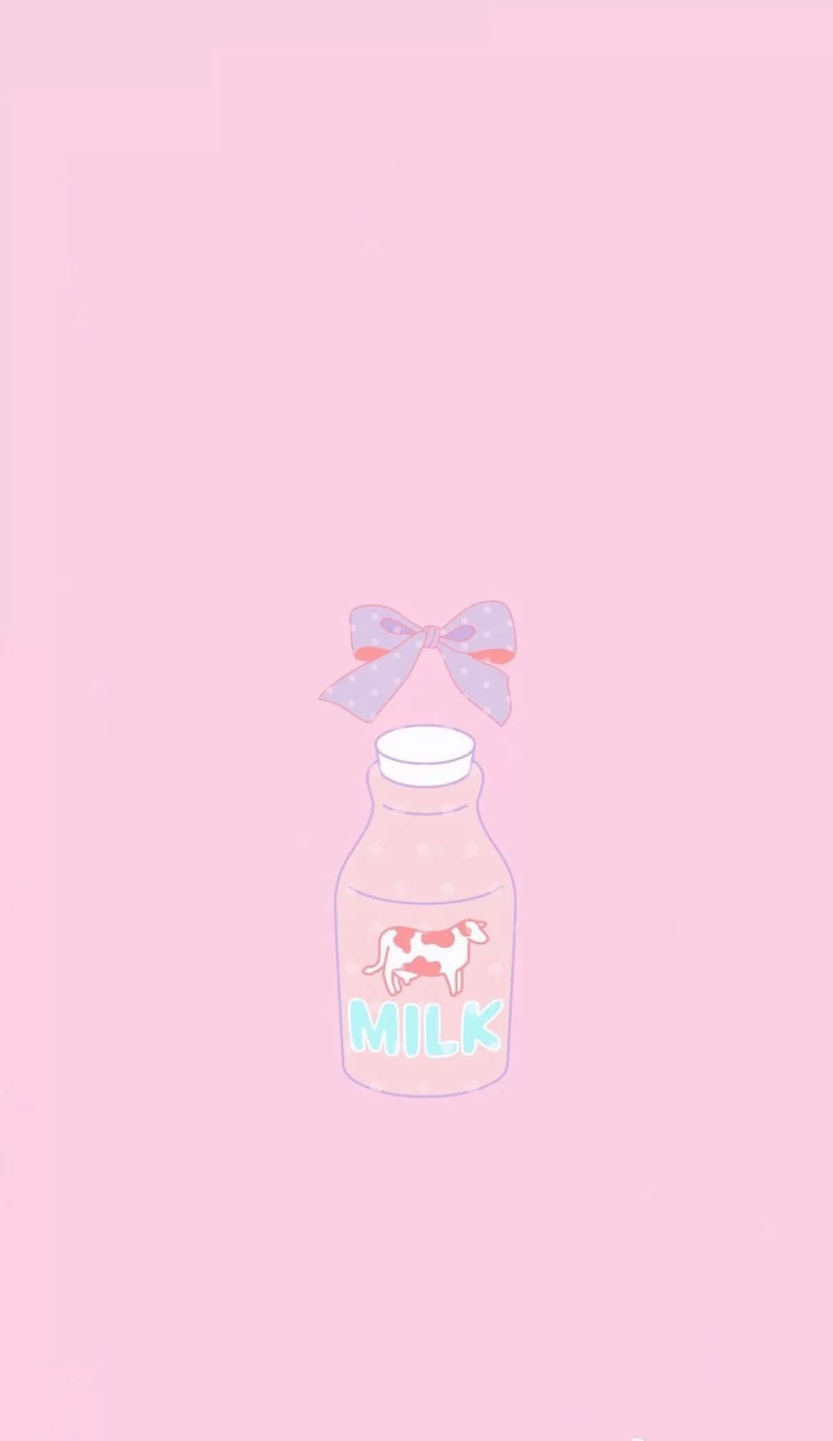 iPhone Simple Cute 桌布 壁紙 — 一個粉彩粉紅色的牛奶瓶，上面有牛插圖和一個圓點蝴蝶結，置於柔和的粉紅色背景中央。