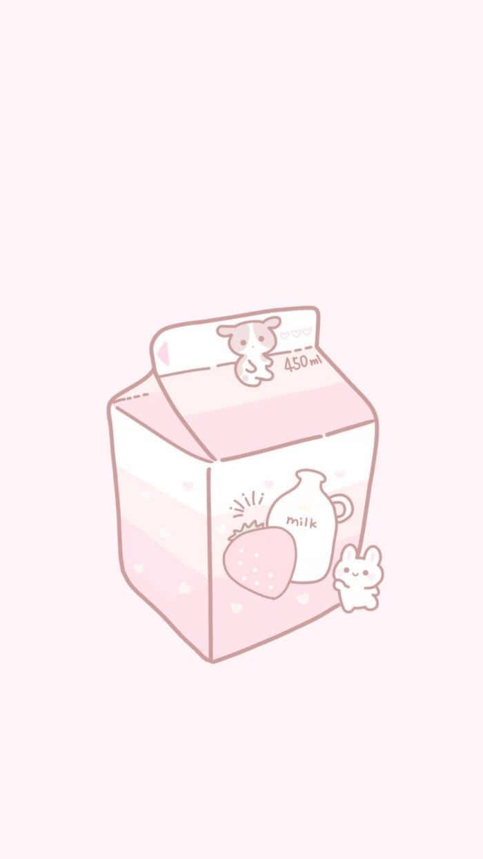 Kawaii Pastel Aesthetic 桌布 壁紙 — 一個粉彩色卡通牛奶盒，帶有可愛兔子插圖和草莓設計，背景為柔和粉紅色。