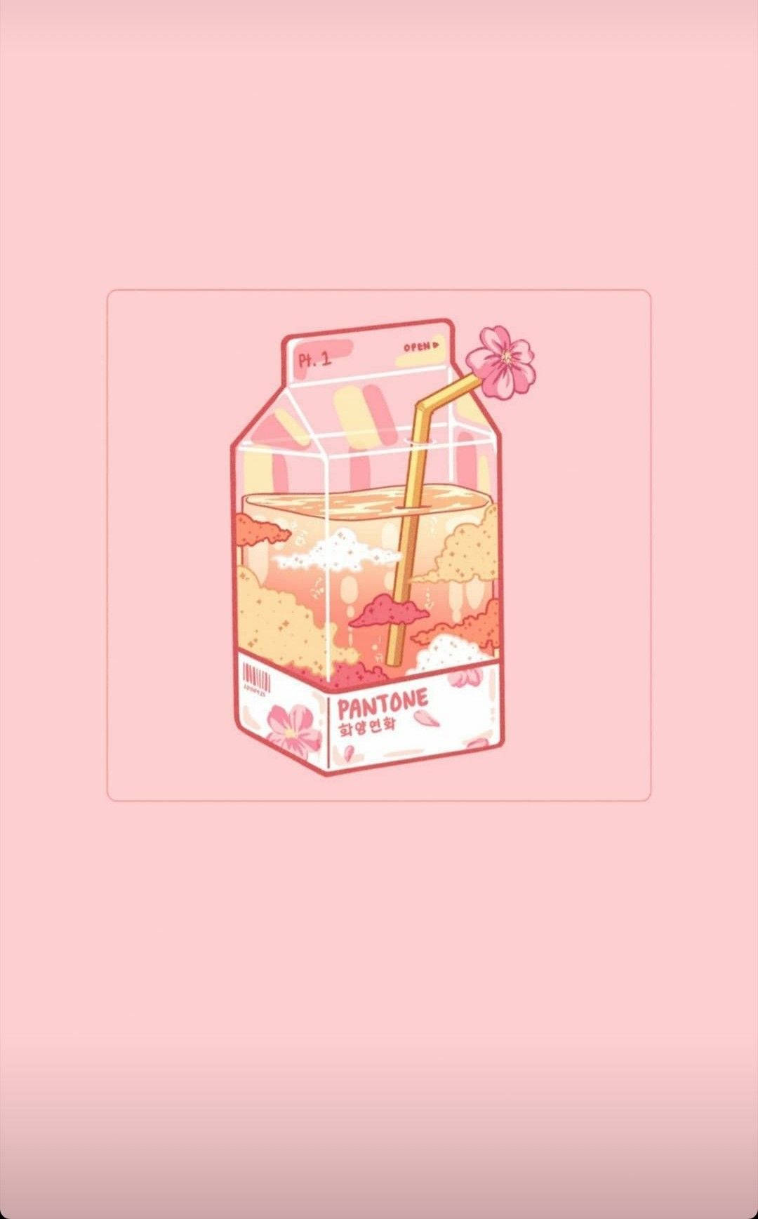 Cute Kawaii Aesthetic 桌布 壁紙 — 一個粉彩色插圖牛奶盒，裝滿分層飲料和櫻花裝飾，背景為柔和粉紅色。