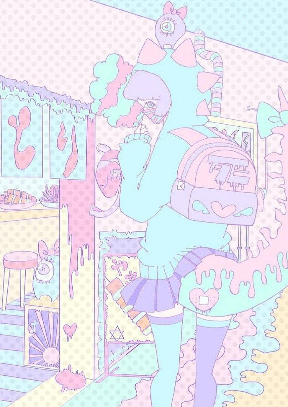 Aesthetic Cute Pastel 桌布 壁紙 — 一個粉彩色的動漫女孩揹著恐龍背包，站在一個充滿糖果狀黏液和心形圖案的奇幻房間裡。