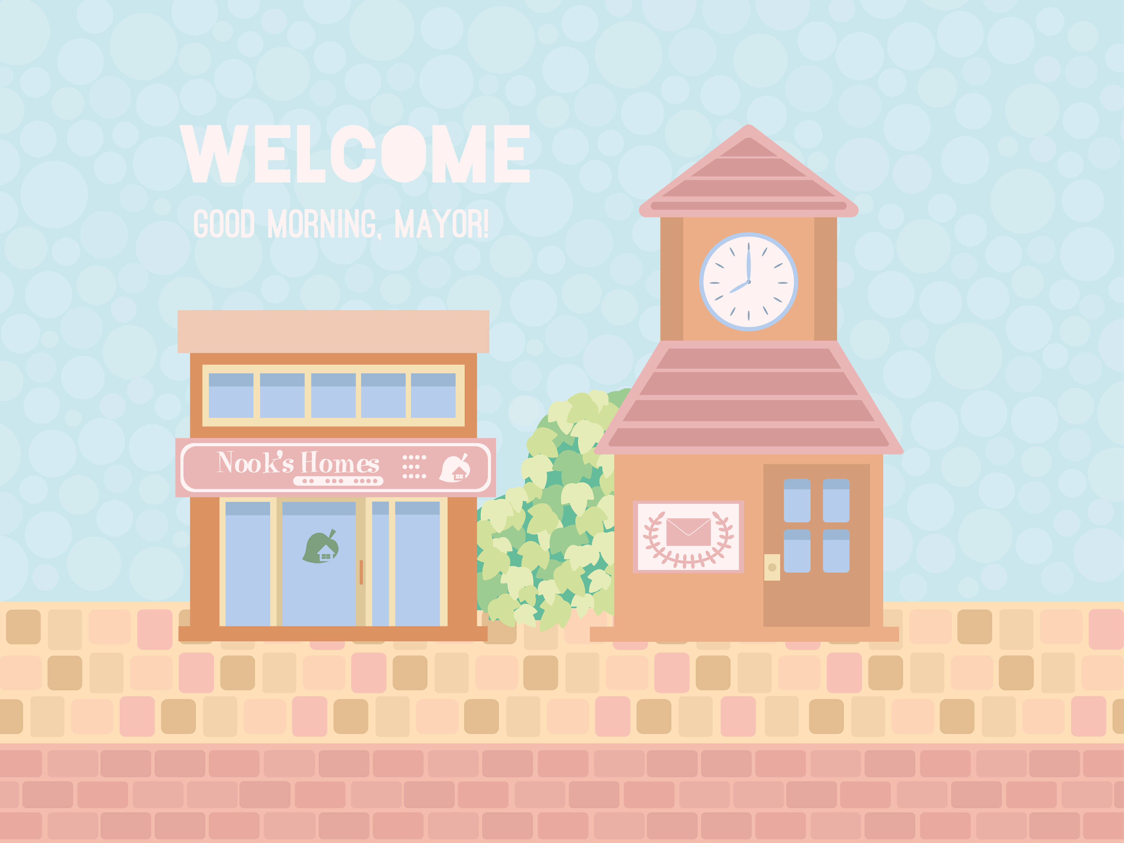 動物森友會 桌布 壁紙 — 一個粉彩色的卡通小鎮，有鐘樓和「Nook's Homes」商店，在泡泡天空下。