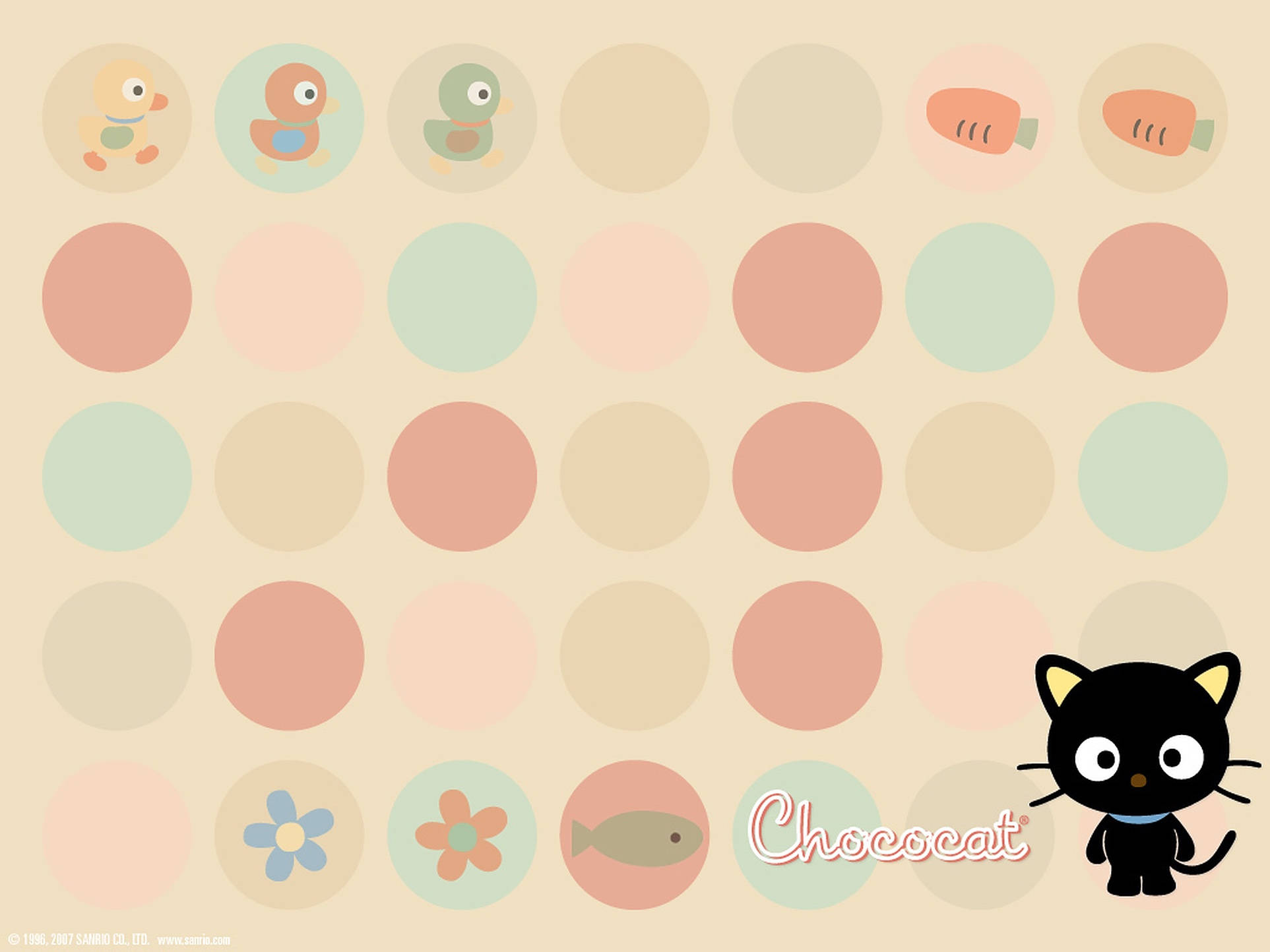 Chococat 桌布 壁紙 — 一個粉彩色的圓形網格，角落有可愛的卡通鴨子、胡蘿蔔、花朵和一隻黑貓角色。