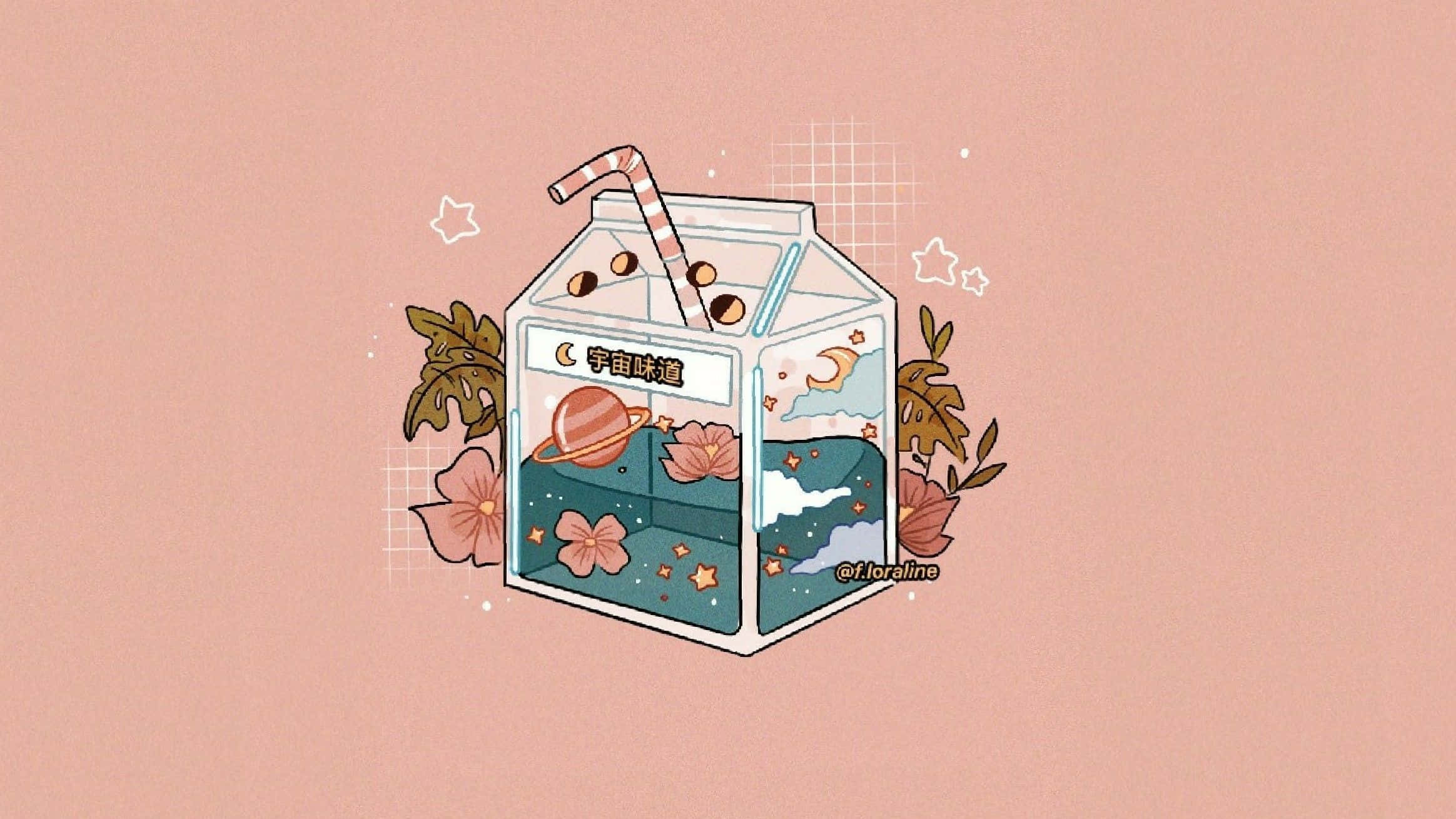 Pretty Aesthetic Computer 桌布 壁紙 — 一個粉彩色粉紅色插圖牛奶盒，裝滿了宇宙場景和花朵，背景是柔和的粉紅色。