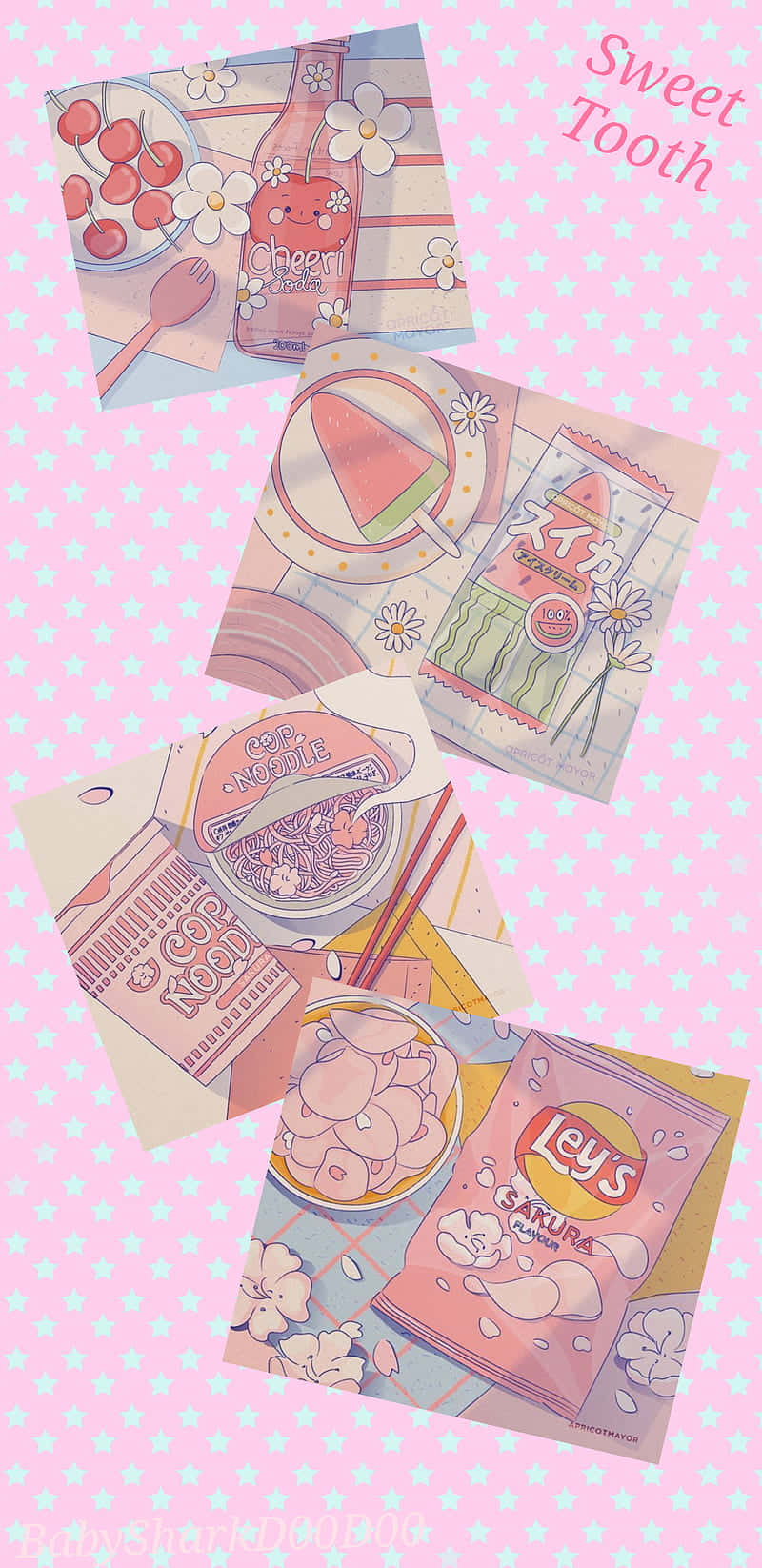 Pink Aesthetic Anime Phone 桌布 壁紙 — 一個粉彩色粉紅色桌布拼貼，包含可愛插畫風格的小吃和飲料，配有白色花朵和星星。
