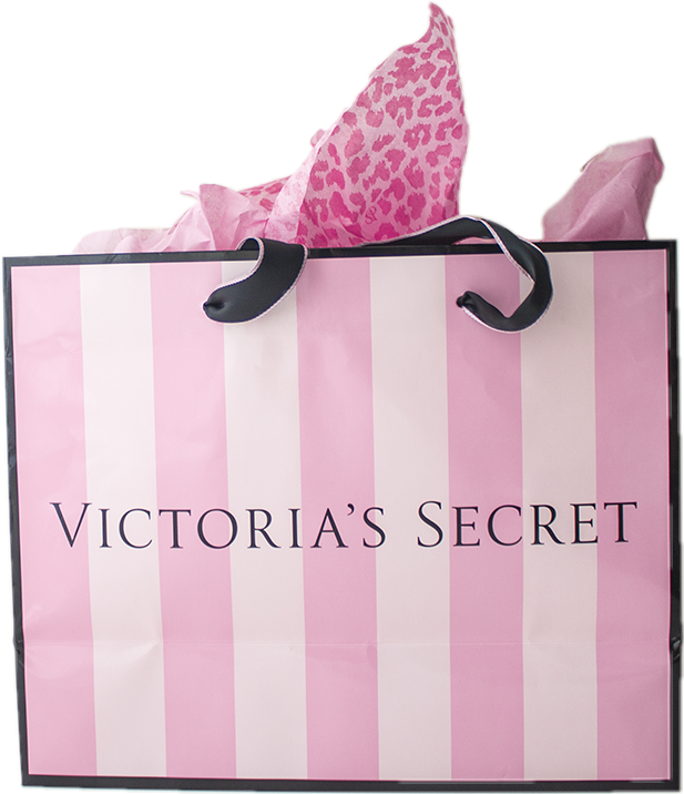 維多利亞的秘密 桌布 壁紙 — 一個粉紅和白色條紋的Victoria's Secret購物袋，豹紋薄紙露出。