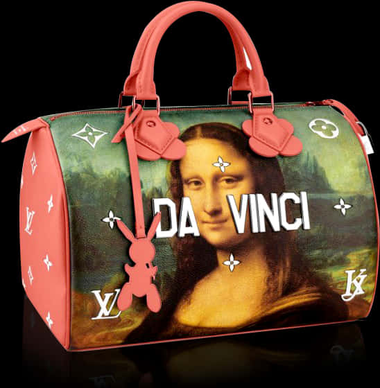 路易威登 桌布 壁紙 — 一個粉紅色 Louis Vuitton 手提包，印有蒙娜麗莎圖案及「DA VINCI」文字，並掛有粉紅色兔子吊飾，背景為黑色。