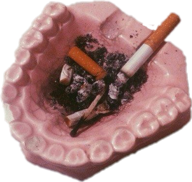 cigarettes 桌布 壁紙 — 一個粉紅色、形狀像人類嘴巴的煙灰缸，在黑色背景上盛載著煙蒂和煙灰。