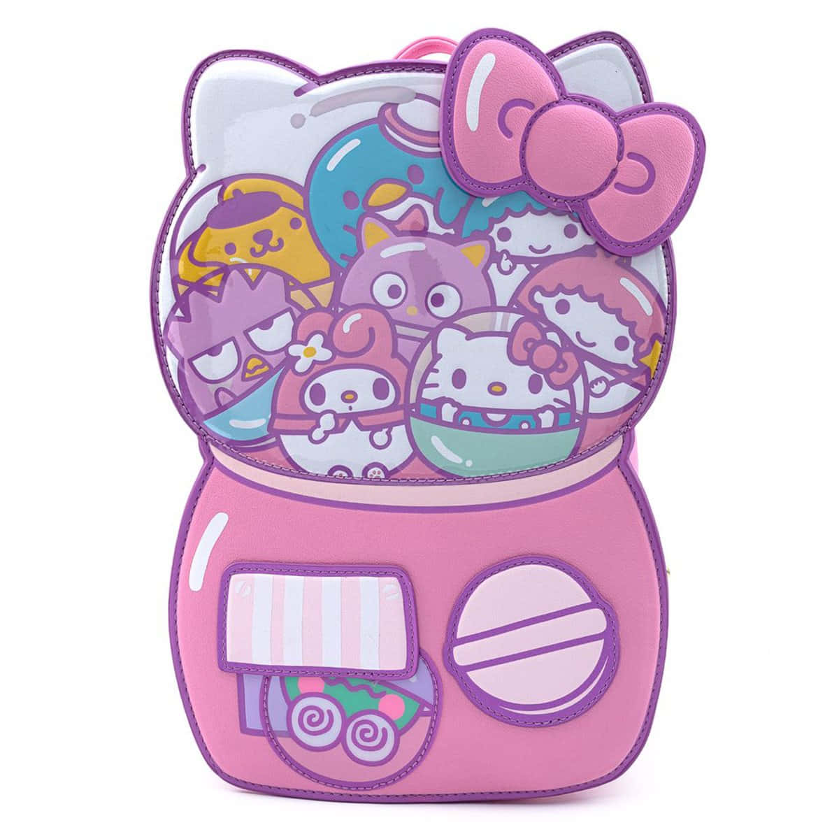 Kawaii Hello Kitty 桌布 壁紙 — 一個粉紅色Hello Kitty背包，形狀像一個裝滿可愛卡通角色和糖果的糖果罐。