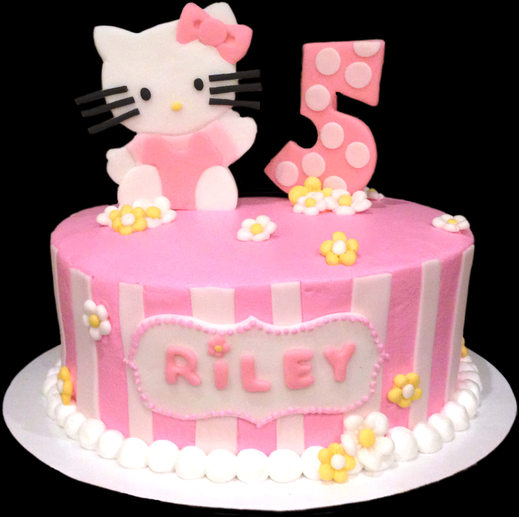 蛋糕 桌布 壁紙 — 一個粉紅色Hello Kitty生日蛋糕，帶有條紋糖霜和數字五的裝飾，背景為黑色。