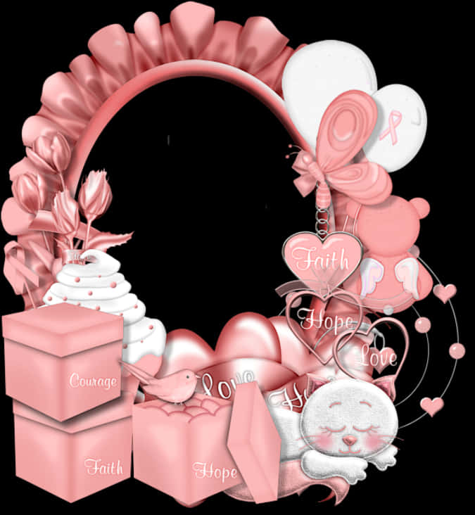 Happy Birthday Frames 桌布 壁紙 — 一個粉紅色主題的裝飾花環，配有氣球、心形、禮物和一隻睡貓，象徵希望、愛和勇氣，背景為黑色。