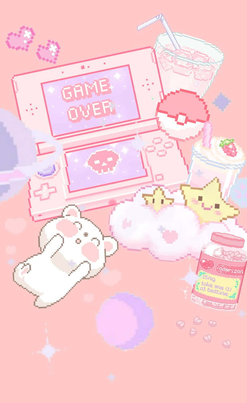 retro aesthetic iPhone 桌布 壁紙 — 一個粉紅色像素藝術場景，包含遊戲結束掌上型主機、可愛角色和飲料，背景為柔和漸層色。