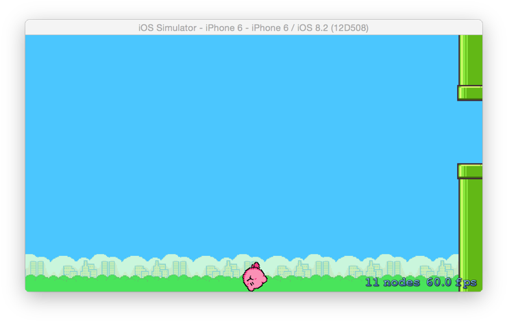 Flappy Bird 桌布 壁紙 — 一個粉紅色像素角色在明亮的藍天下，穿過一片綠色草地，遠處有城市建築。