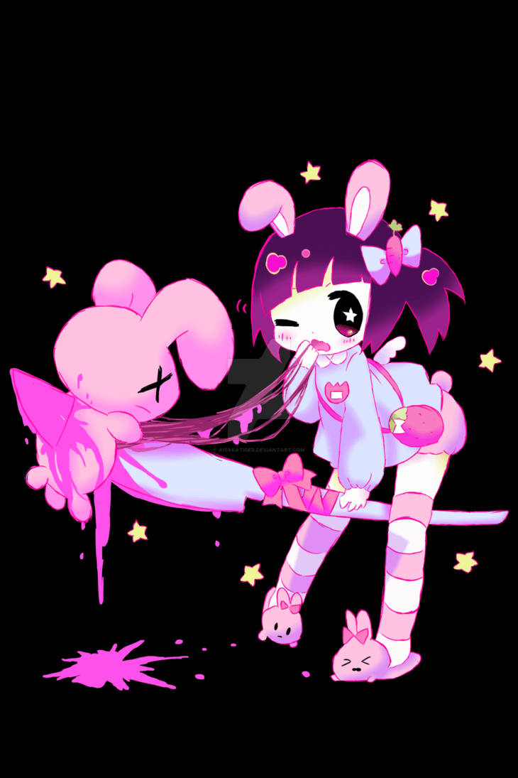 Pastel Gore 桌布 壁紙 — 一個粉紅色兔女郎穿著相配的服裝，在黑色背景上頑皮地拖著一隻被打敗的粉紅色兔子，周圍漂浮著星星。