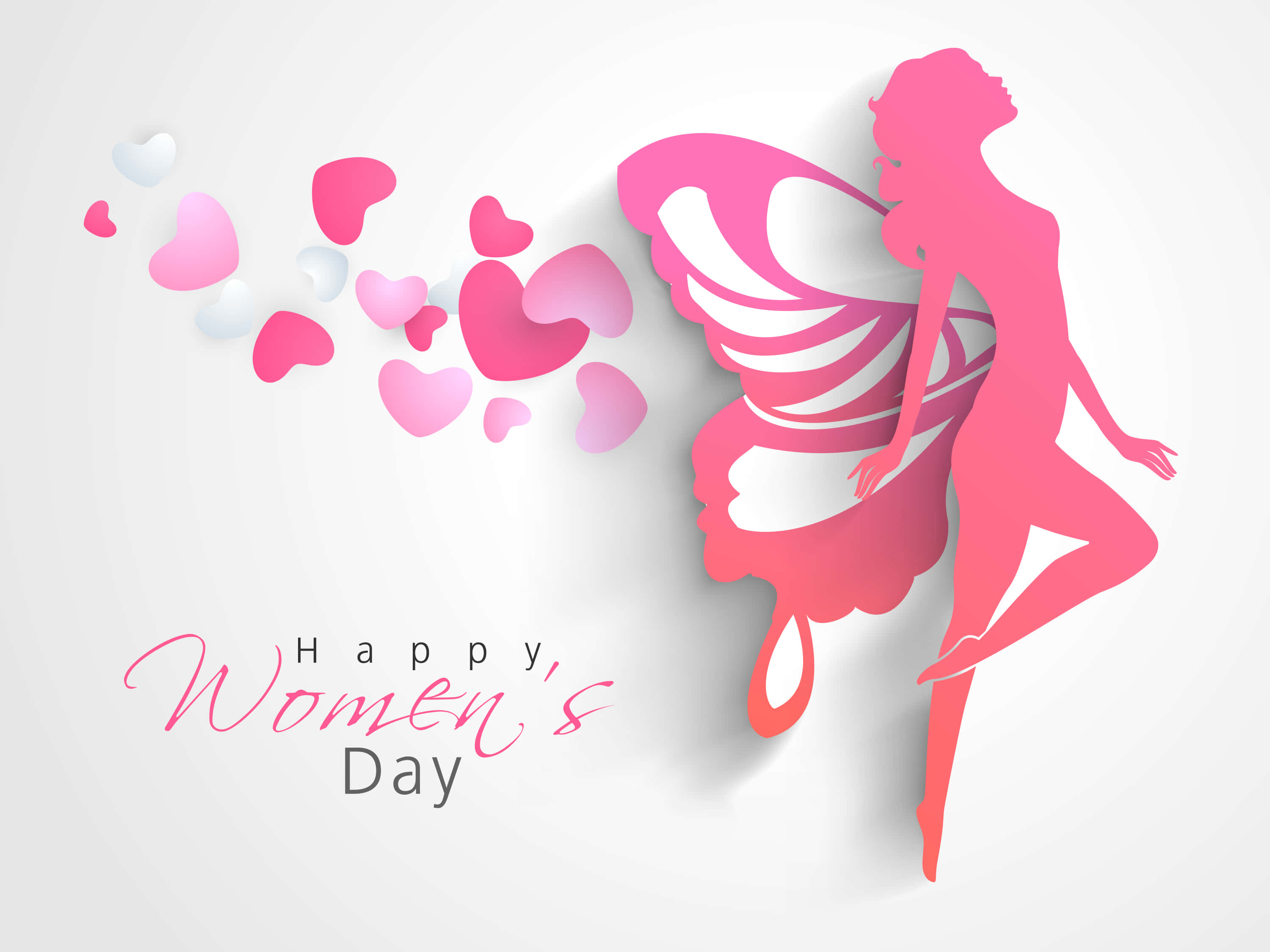 Woman 桌布 壁紙 — 一個粉紅色剪紙 silhouettes 的女人，擁有蝴蝶翅膀，在柔和的白色背景上釋放漂浮的心形。