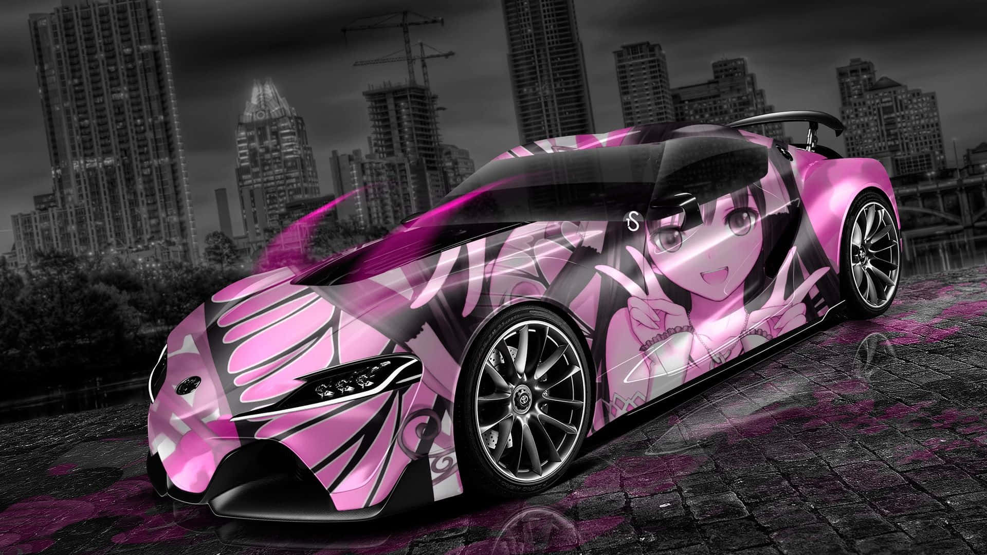 Car Design 桌布 壁紙 — 一個粉紅色動漫女孩貼紙裝飾著一輛停在潮濕城市街道上、天空陰暗的未來主義跑車。