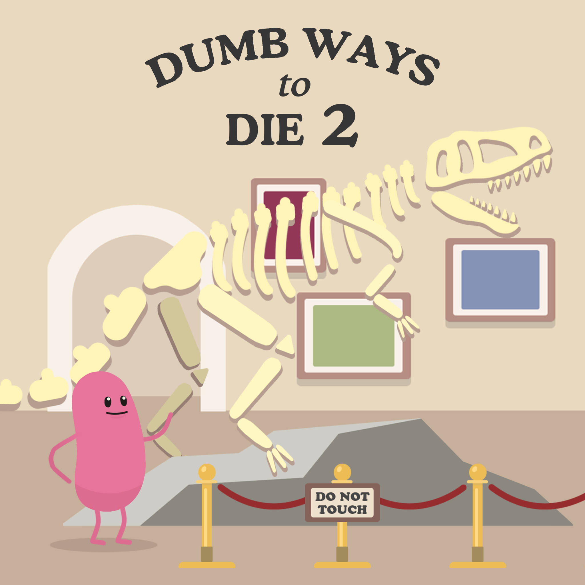 dumb 桌布 壁紙 — 一個粉紅色卡通人物站在博物館的恐龍骨架展品前，上方有 'Dumb Ways to Die 2' 文字。