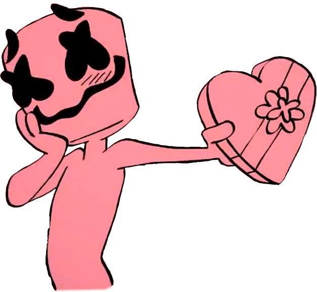 Marshmello 動態圖 桌布 壁紙 — 一個粉紅色卡通角色，擁有心形眼睛和鬍子，手持一個飾有花朵的心形禮物盒。