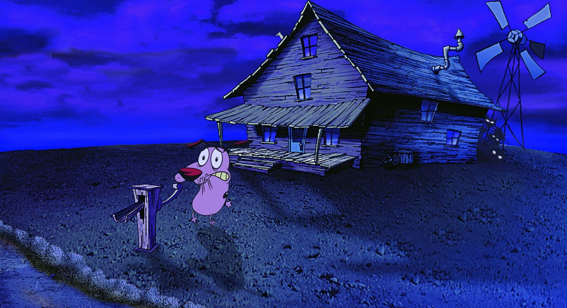courage the cowardly dog 桌布 壁紙 — 一個粉紅色卡通角色，眼睛大大，站在木柱旁邊，附近有一間破舊的房子，背景是深藍色的夜空。