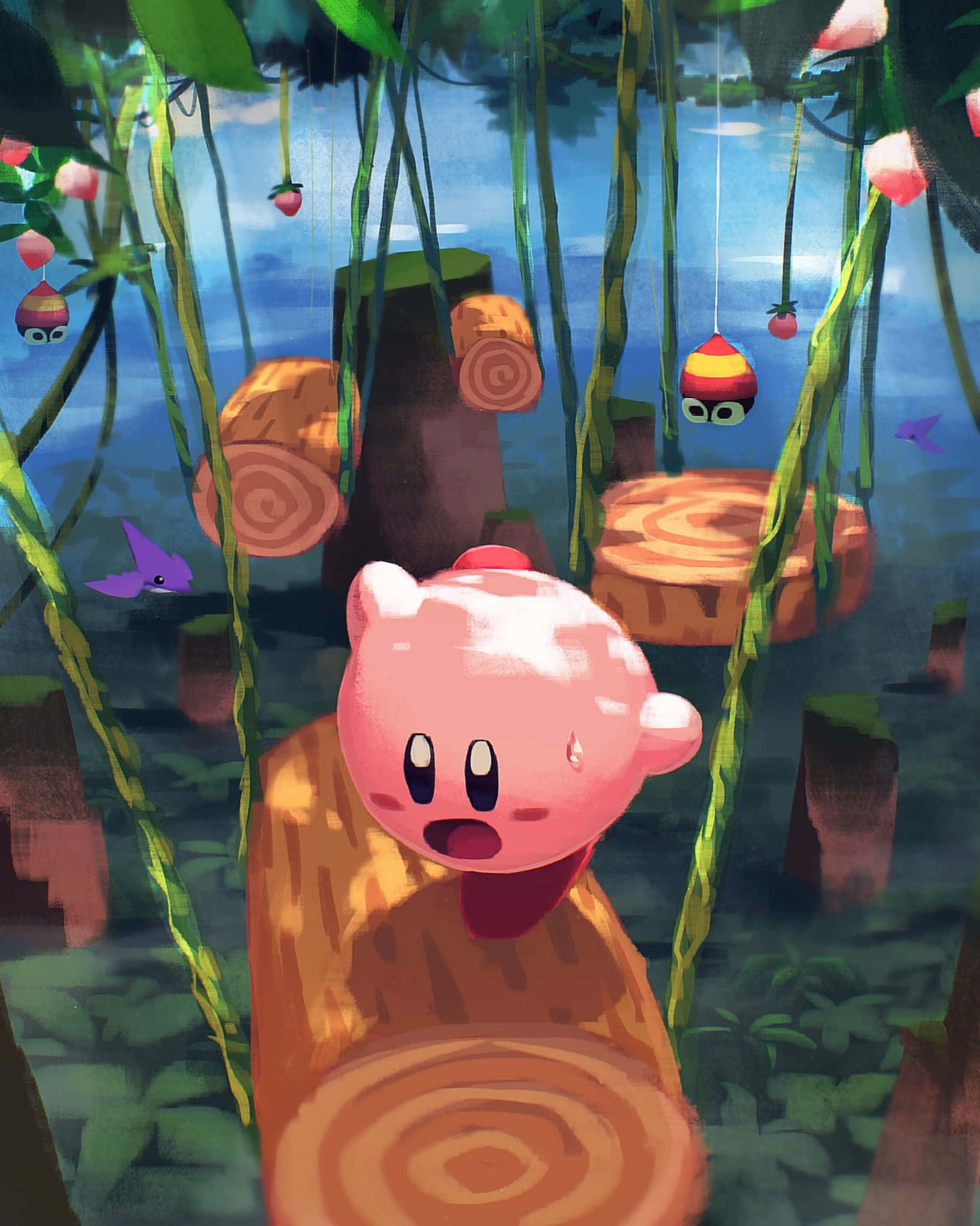Gaming Art 桌布 壁紙 — 一個粉紅色卡通角色從茂密叢林中的樹樁探出頭來，周圍有懸掛的水果和漂浮的眼睛。