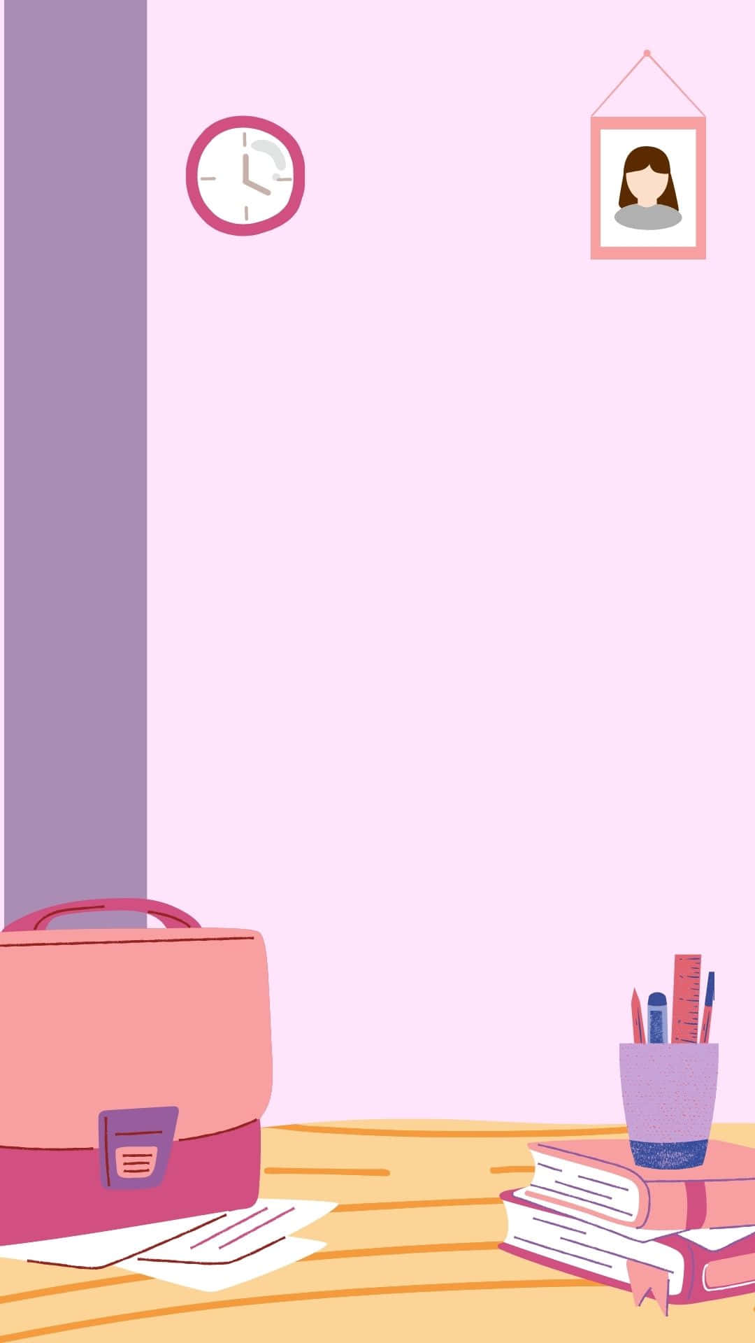 女孩 桌布 壁紙 — 一個粉紅色和紫色的極簡風格插圖書桌場景，上面有書包、書本和一個時鐘在木質表面上。