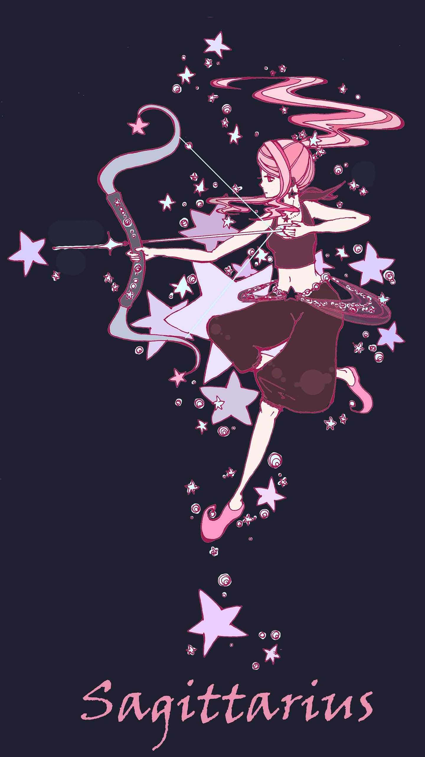 sagittarius 桌布 壁紙 — 一個粉紅色和紫色的風格化動漫弓箭手女孩在黑暗背景中漂浮的星星間瞄準她的弓。