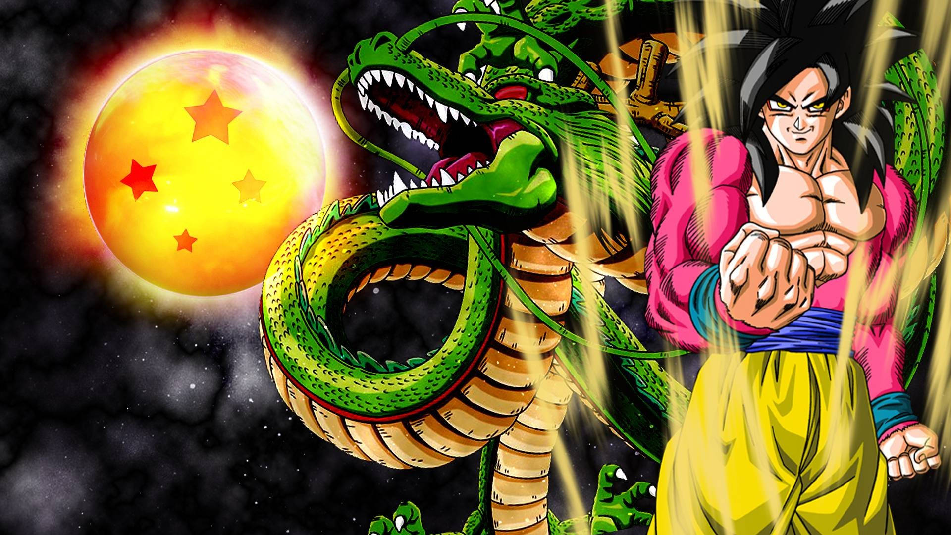 Ssj4 Goku 桌布 壁紙 — 一個粉紅色和黃色的肌肉發達的動漫戰士，在繁星點點的天空和發光行星的背景下，挑釁地站在咆哮的綠色巨龍旁邊。