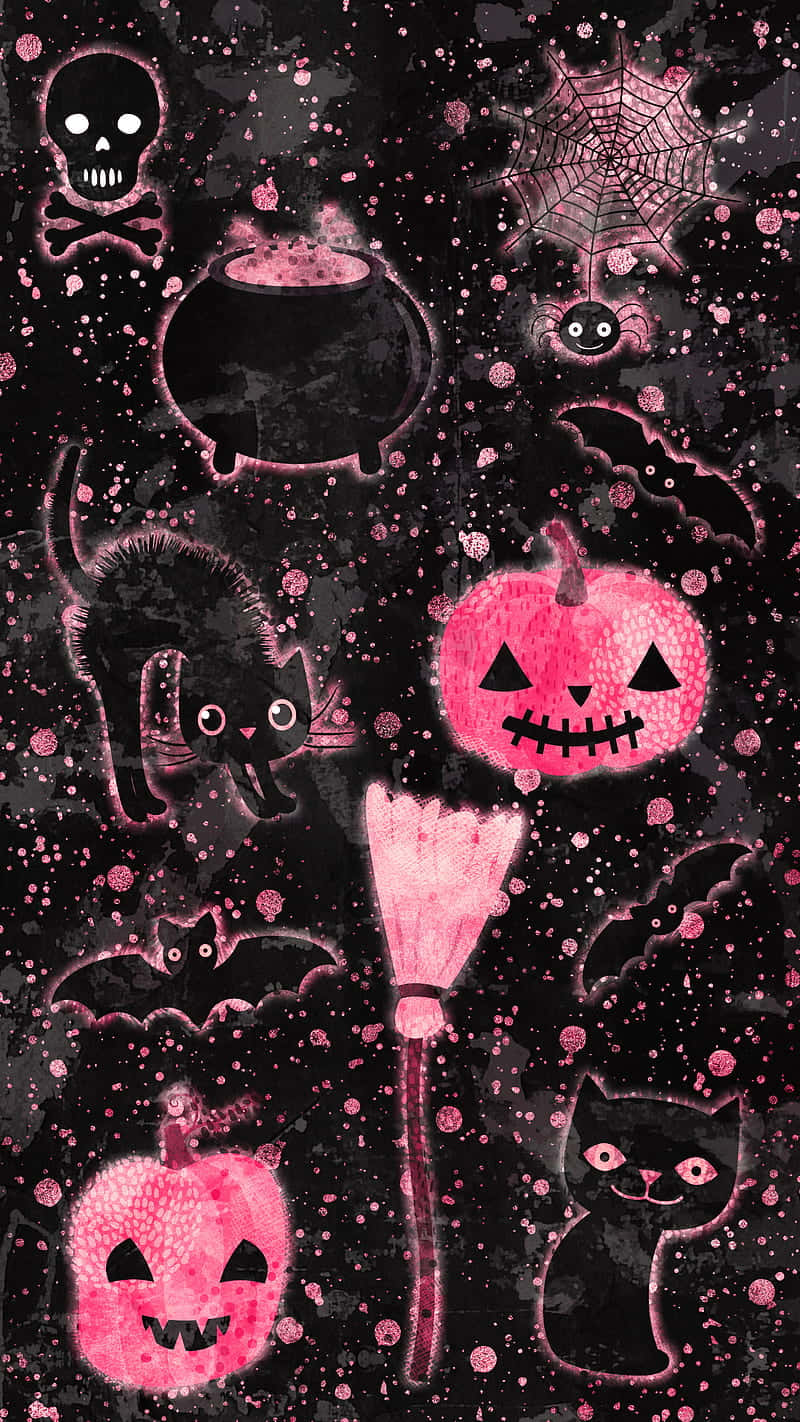 Cute Pumpkin iPhone 桌布 壁紙 — 一個粉紅色和黑色的萬聖節桌布，帶有南瓜、骷髏、蝙蝠和貓咪，背景是深色帶斑點。