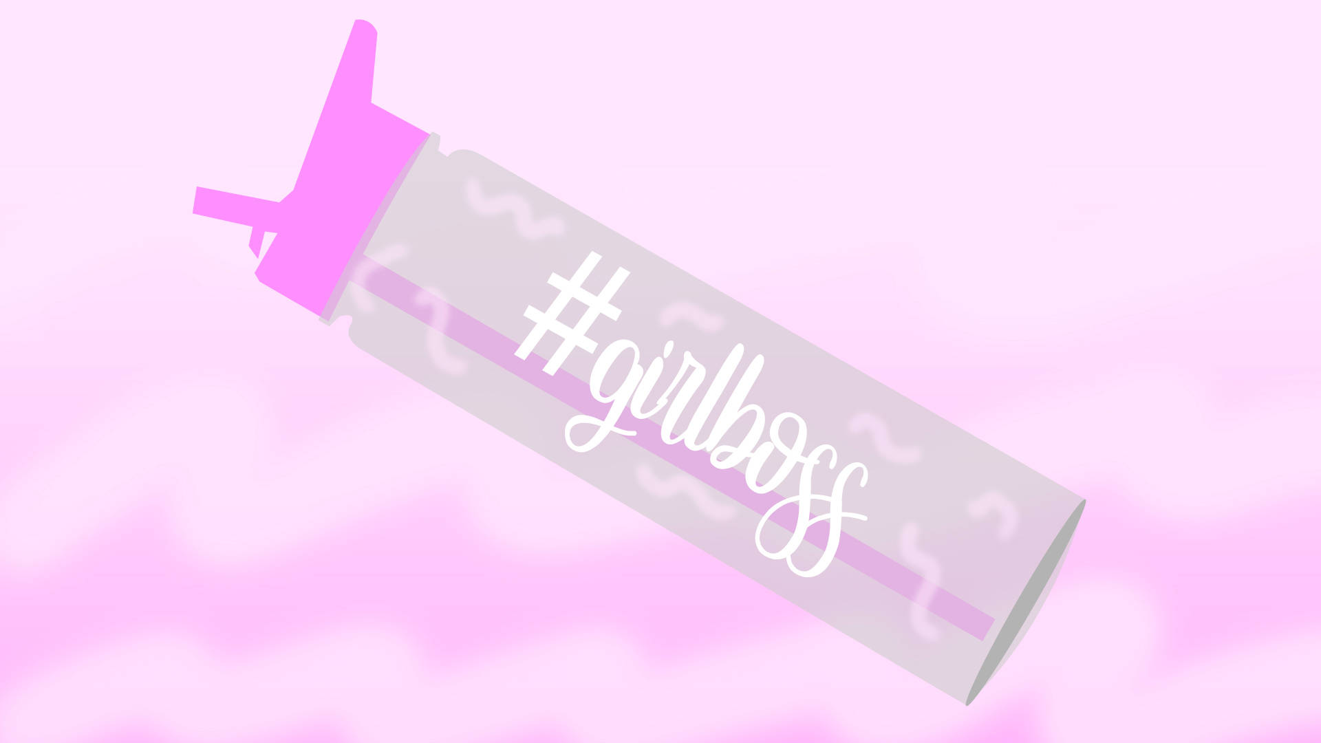 boss 桌布 壁紙 — 一個粉紅色噴霧罐帶有 #girlboss 文字，漂浮在柔和的粉彩色漸變背景上。