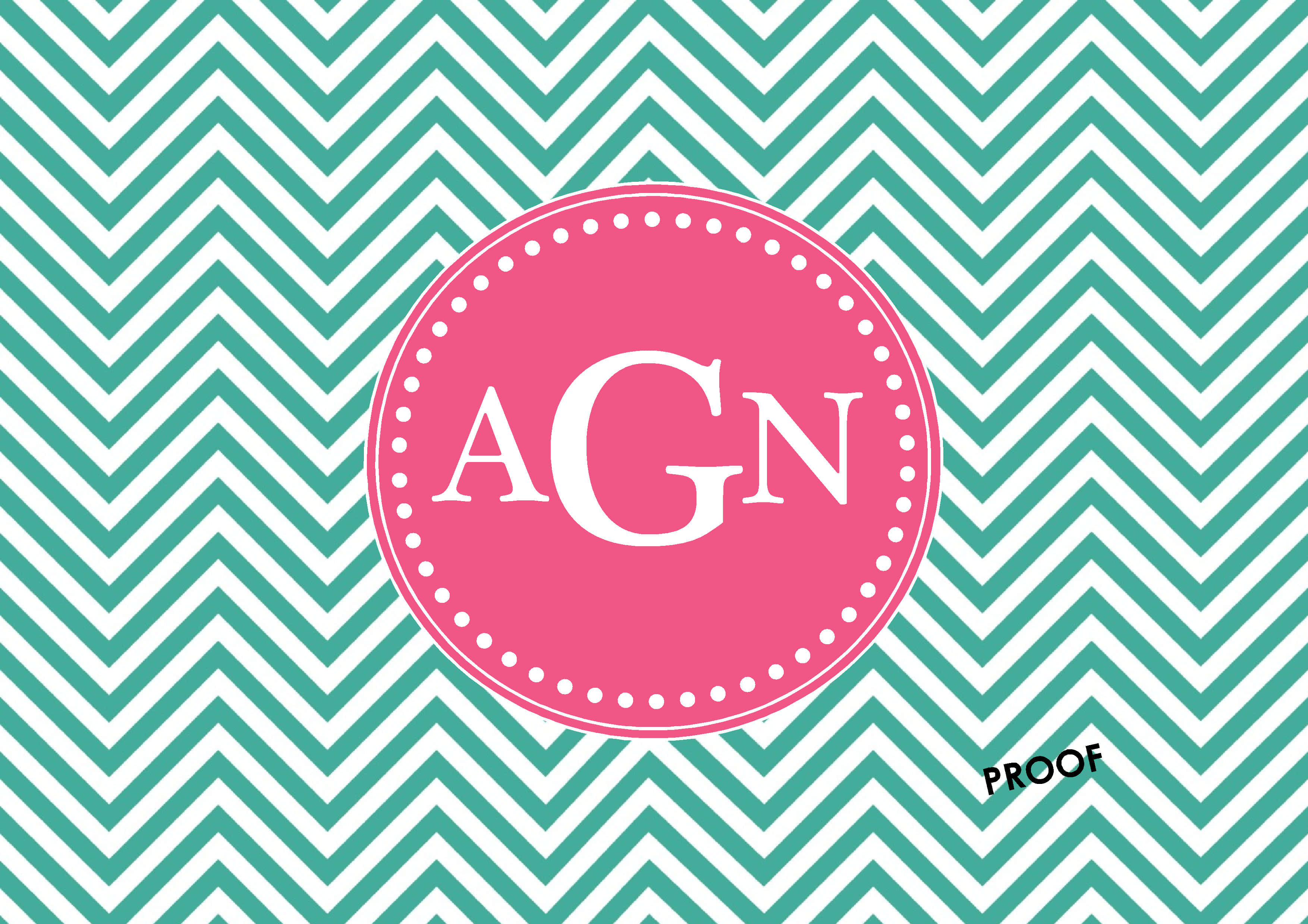 Monogram Desktop 桌布 壁紙 — 一個粉紅色圓形字母組合，白色字母AGN，位於青綠色和白色鋸齒圖案背景上。