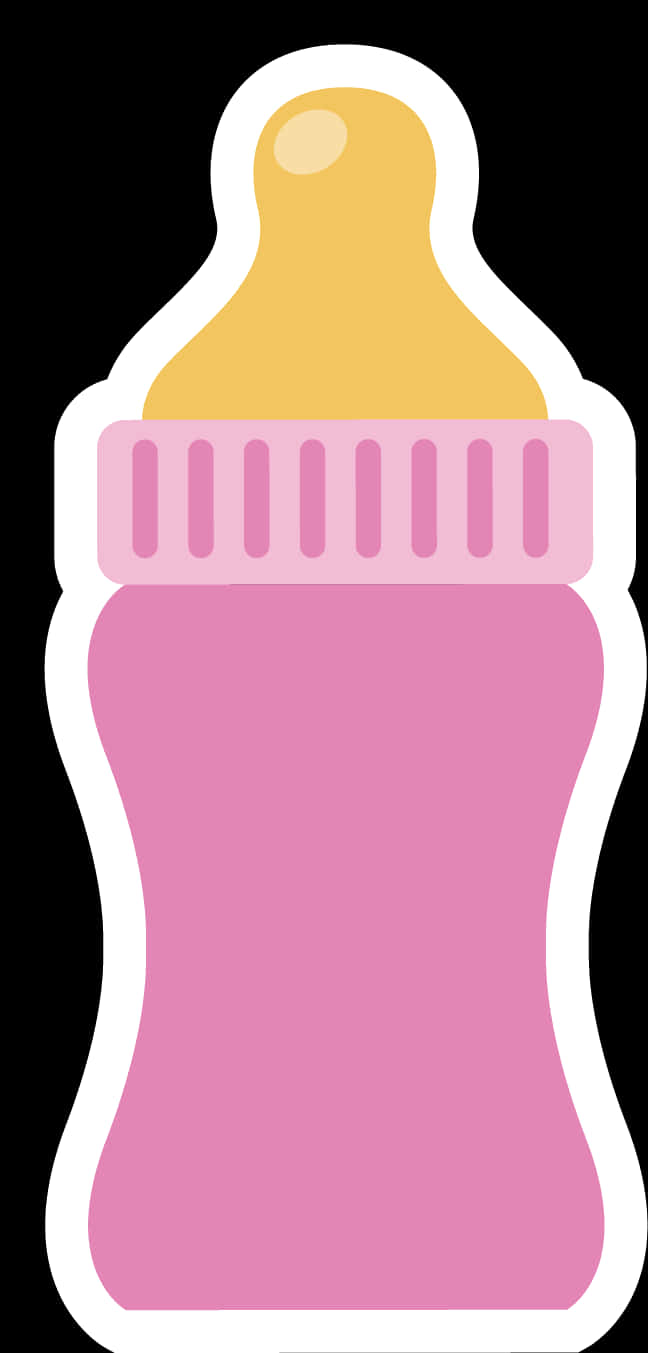 Baby Bottle 桌布 壁紙 — 一個粉紅色奶瓶，帶有黃色奶嘴和白色輪廓，孤立地立在黑色背景上。