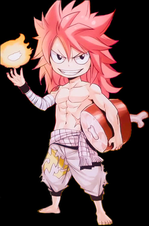 Natsu 桌布 壁紙 — 一個粉紅色尖刺頭髮的Q版動漫男孩，以動態姿勢揮舞著火焰球體和盾牌。