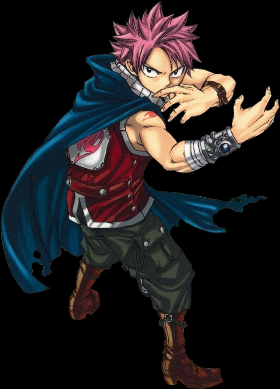 Natsu 桌布 壁紙 — 一個粉紅色尖刺頭髮的動漫戰士，身穿紅色盔甲和藍色斗篷，在黑色背景前擺出動態的戰鬥姿勢。