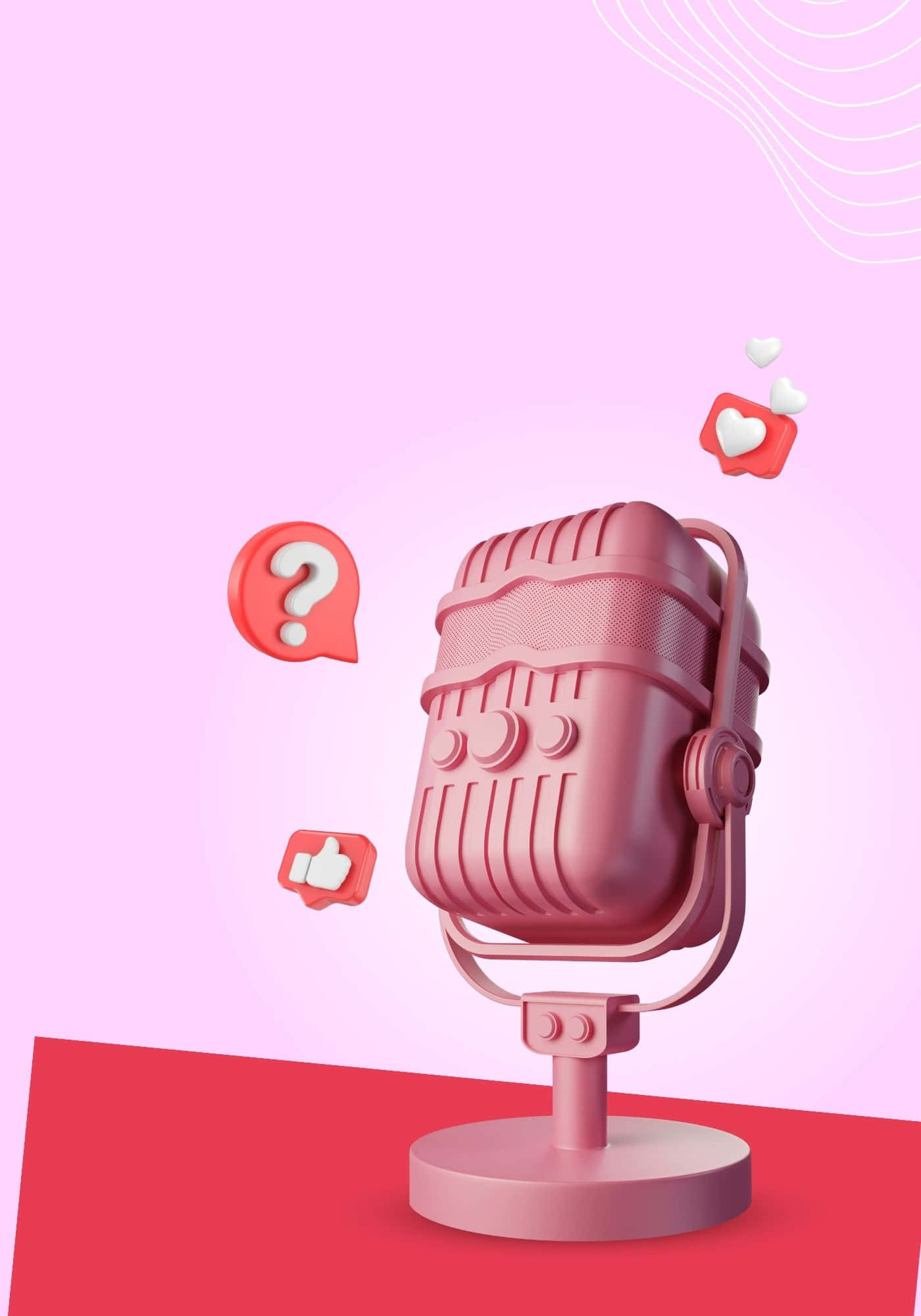 Microphone 桌布 壁紙 — 一個粉紅色復古麥克風站在一個紅色平台上，漂浮的紅色圖標包括問號、豎起大拇指和愛心，背景是柔和的粉紅色。