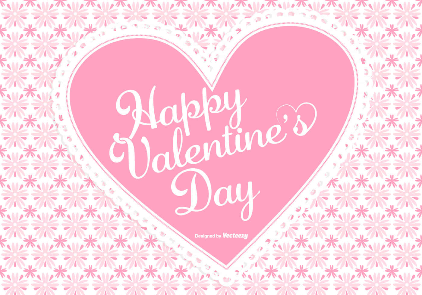 happy valentine's day 桌布 壁紙 — 一個粉紅色心形，帶有草書 Happy Valentine's Day 文字，居中放在花卉圖案背景上。