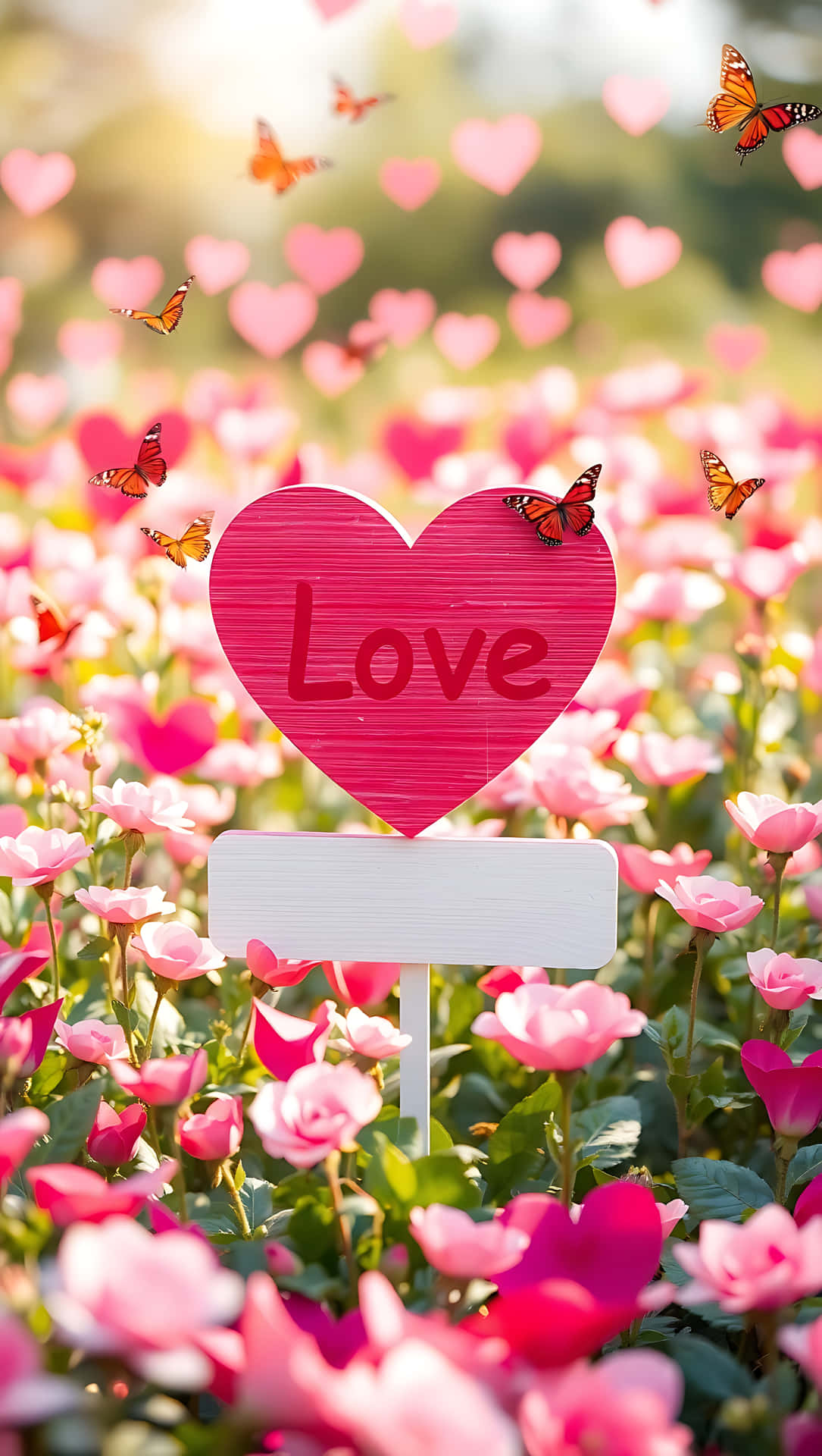 Love Sign in a Garden of Hearts smartphone wallpaper 壁紙 — 一個粉紅色心形標誌上寫著love，矗立在粉紅玫瑰田中，周圍有蝴蝶和漂浮的心形。
