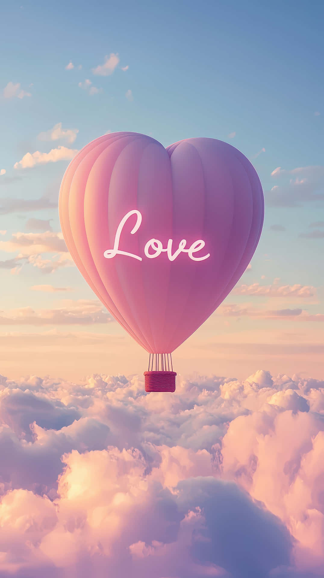 Heart-shaped pink hot air balloon floating in sky 壁紙 — 一個粉紅色心形熱氣球，上面有「love」字樣，在日落時分飄浮在蓬鬆的雲層之上。