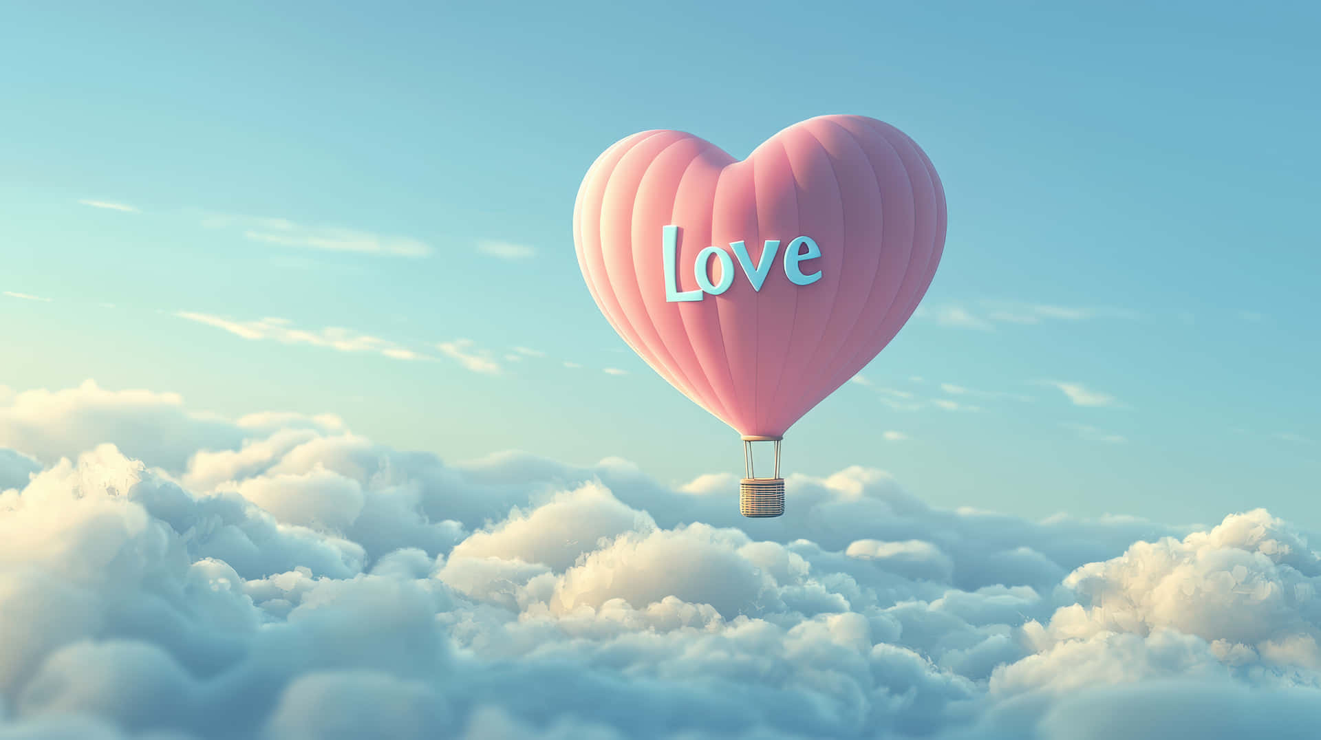 Heart-Shaped Pink Hot Air Balloon Floating in the Sky with Love Written on It 壁紙 — 一個粉紅色心形熱氣球，上面有「love」字樣，漂浮在蓬鬆的白雲之上，背景是清澈的藍天。