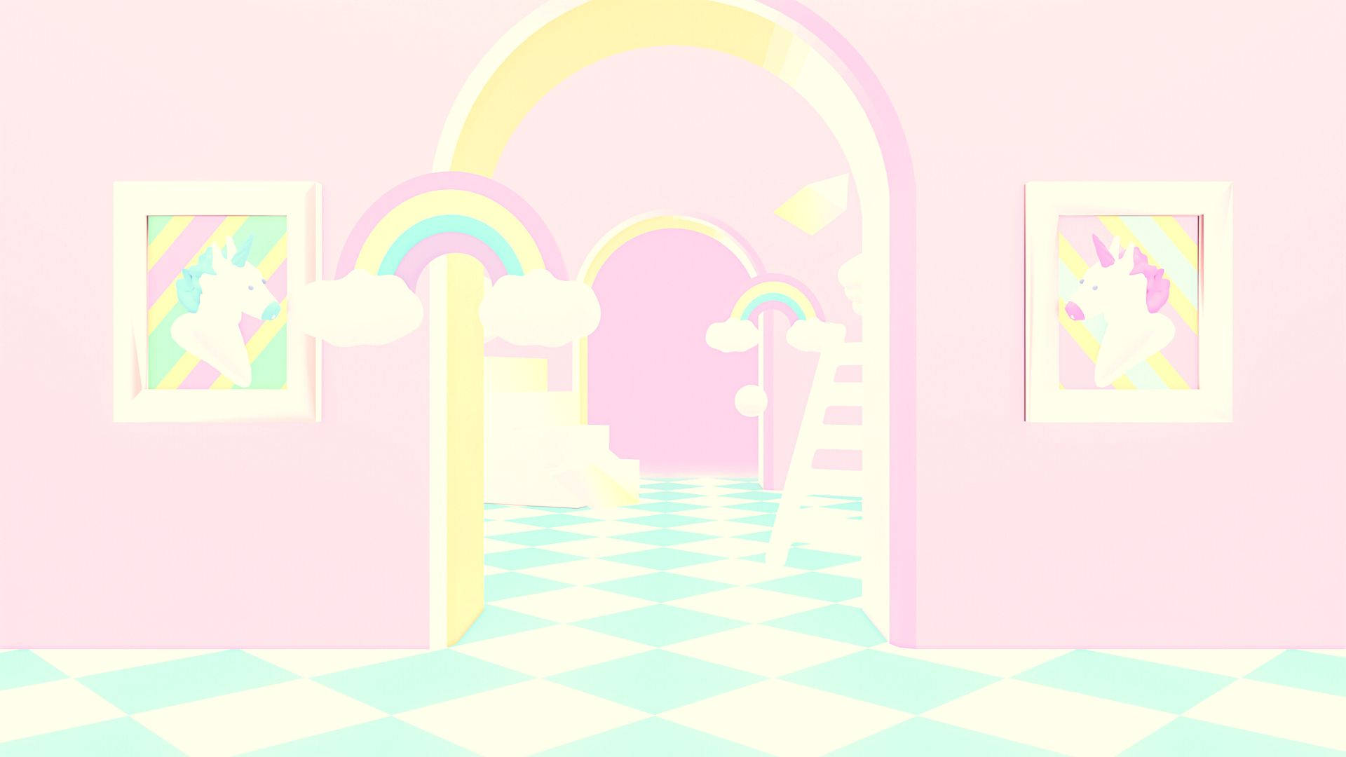Kawaii Laptop 桌布 壁紙 — 一個粉紅色房間，地板是格子圖案，有彩虹拱門、雲朵和獨角獸肖像，風格奇幻的數位藝術。