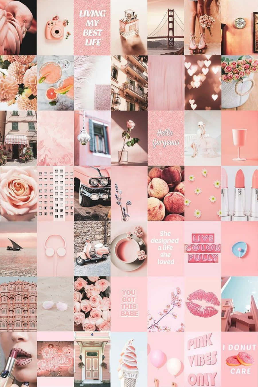 Aesthetic Pink Collage 桌布 壁紙 — 一個粉紅色拼貼網格，包含玫瑰、復古汽車、唇膏和勵志名言，呈現夢幻美學。