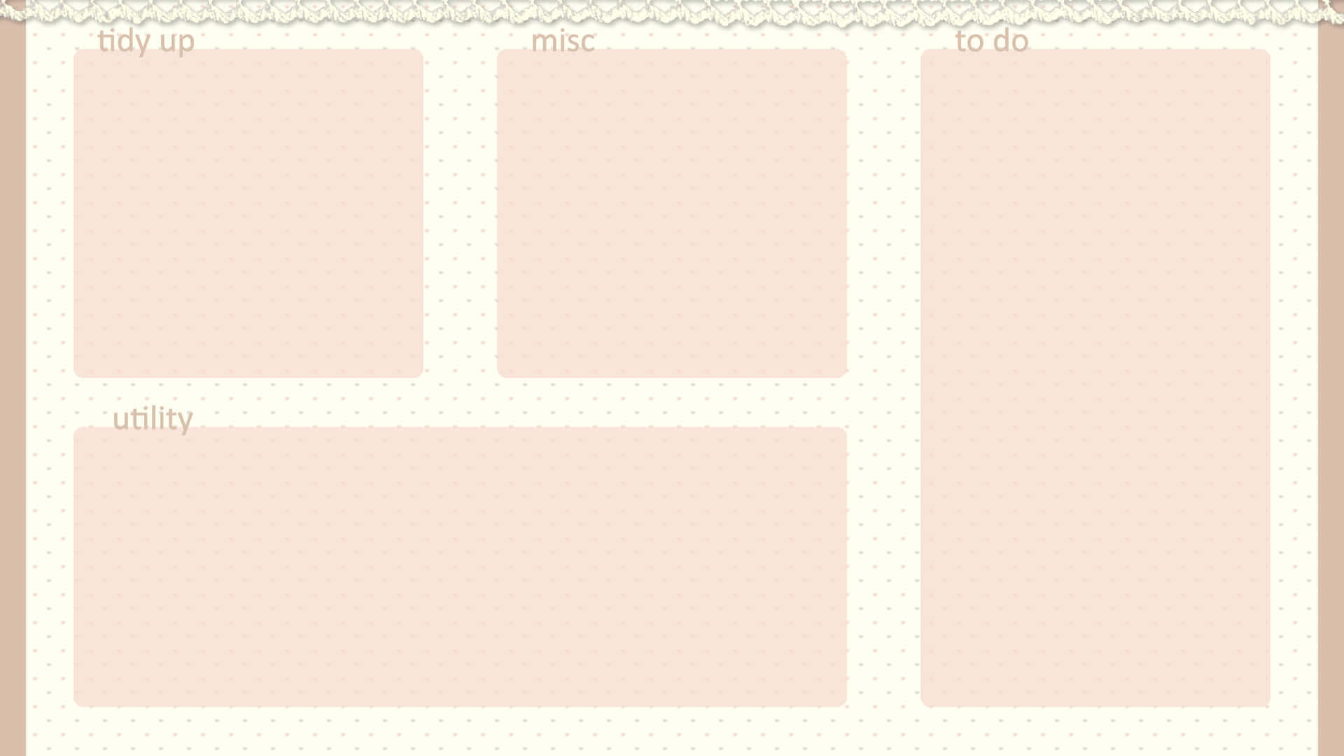 Polka Dot 桌布 壁紙 — 一個粉紅色數位規劃版面，帶有標籤區域，並以蕾絲和虛線邊框裝飾。