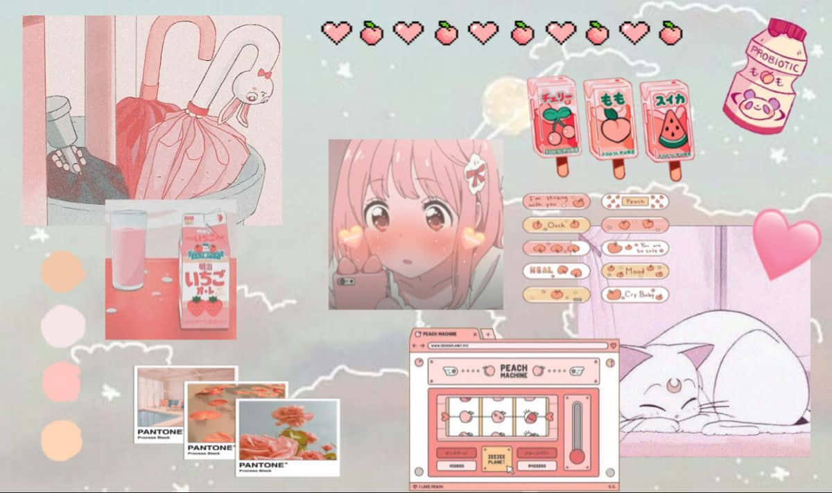 粉色動漫美學 桌布 壁紙 — 一個粉紅色柔和色調的動漫女孩，擁有心形眼睛，微笑著睡著的貓和桃子主題產品，在夢幻般的數位拼貼中。