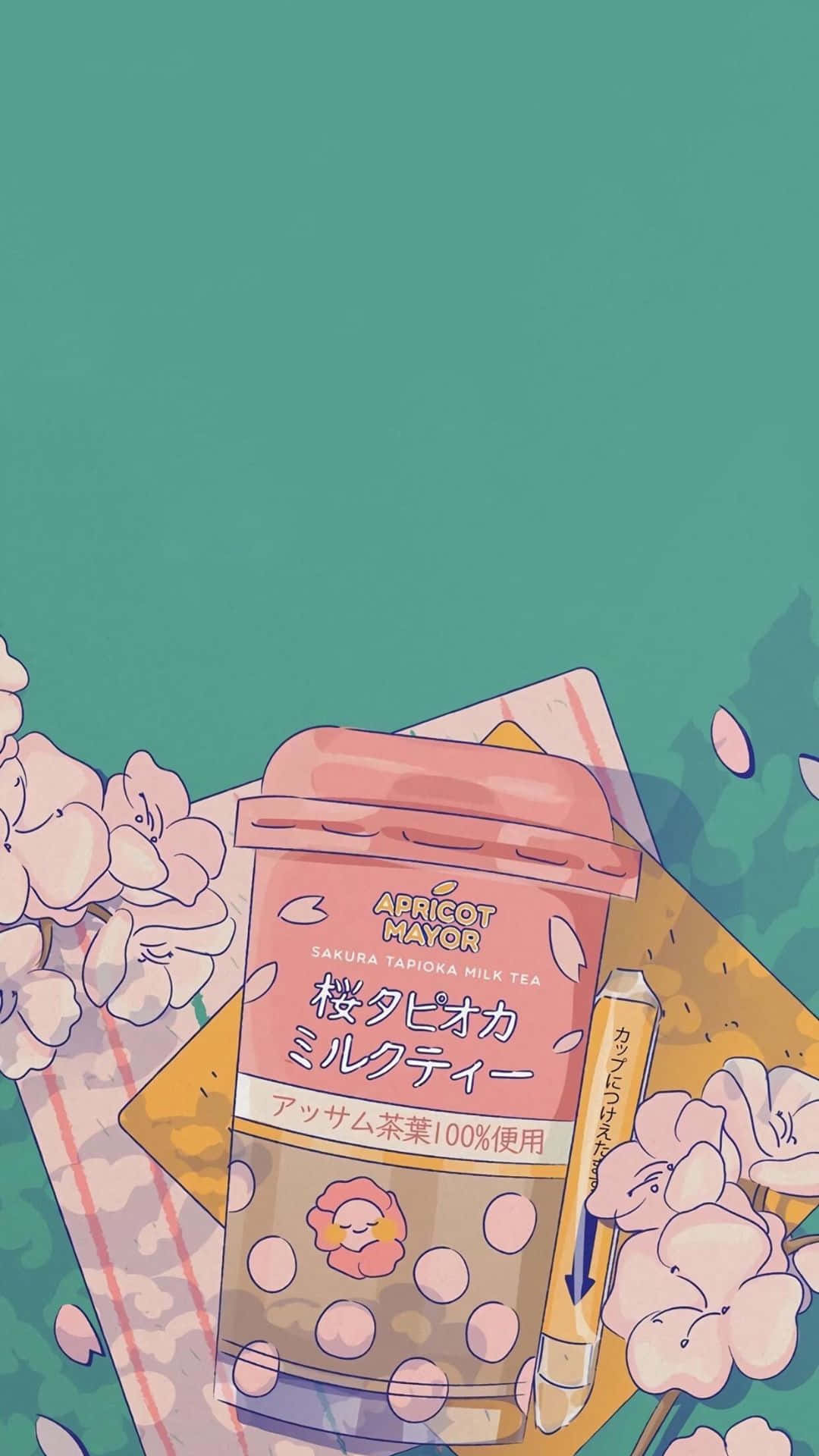 Kawaii Japanese Food 桌布 壁紙 — 一個粉紅色珍珠奶茶杯，帶有木薯珍珠和櫻花花瓣，漂浮在柔和粉彩花朵和青綠色背景之間。